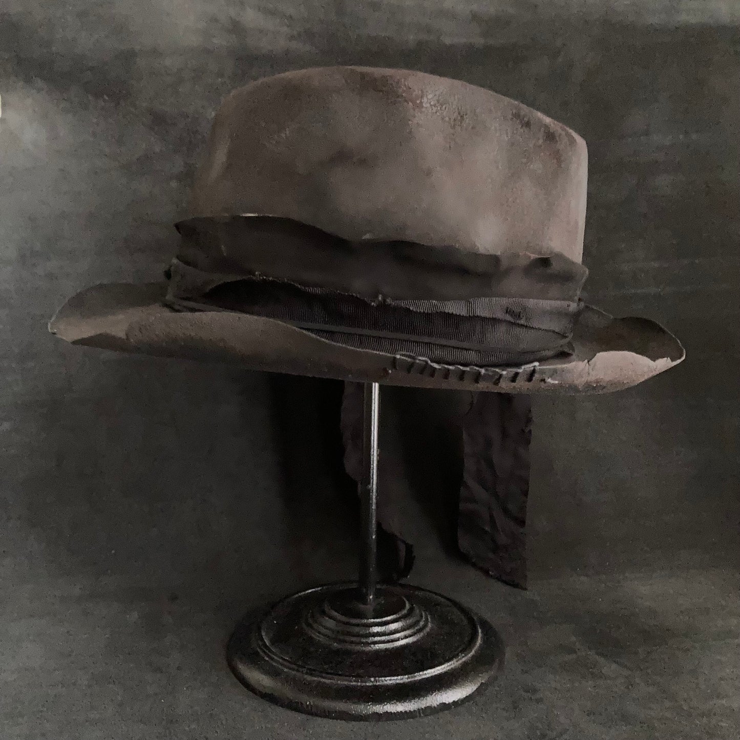 Charcoal black long ribbon fedora hat