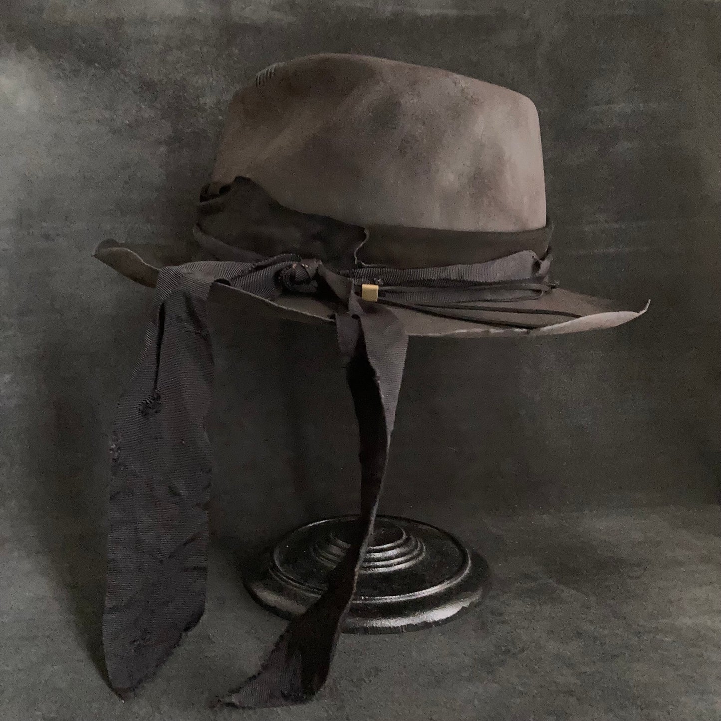 Charcoal black long ribbon fedora hat