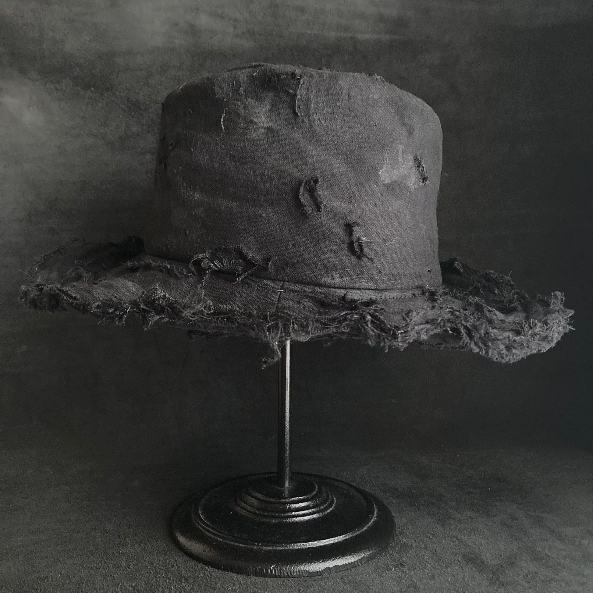 Black linen damage dirt fedora hat - Main Image