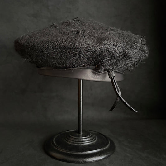Black Jute linen leather strap beret