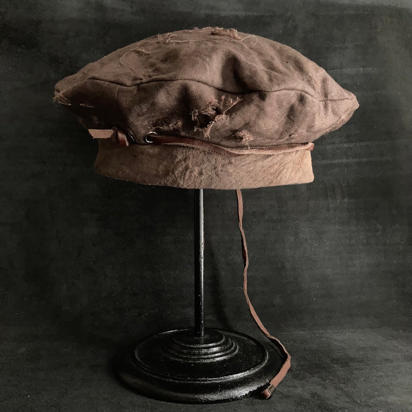 Brown  linen leather strap beret