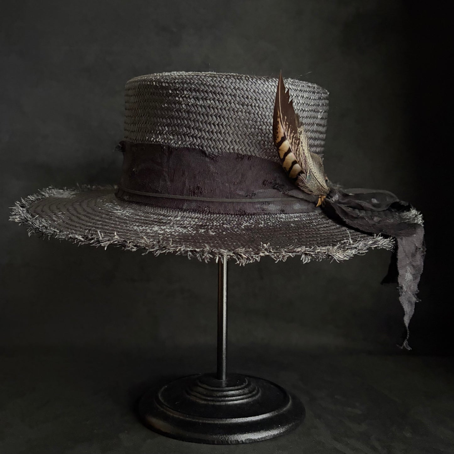 Night bird black flat panama hat