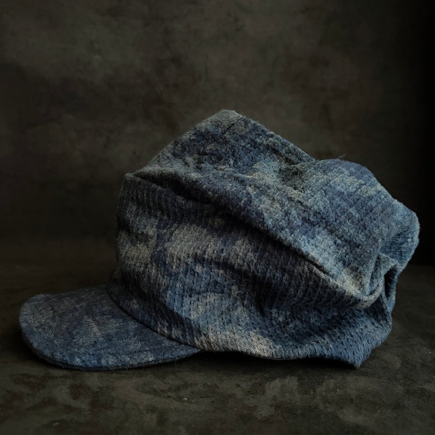 Unevenness dark indigo sashiko turn cap