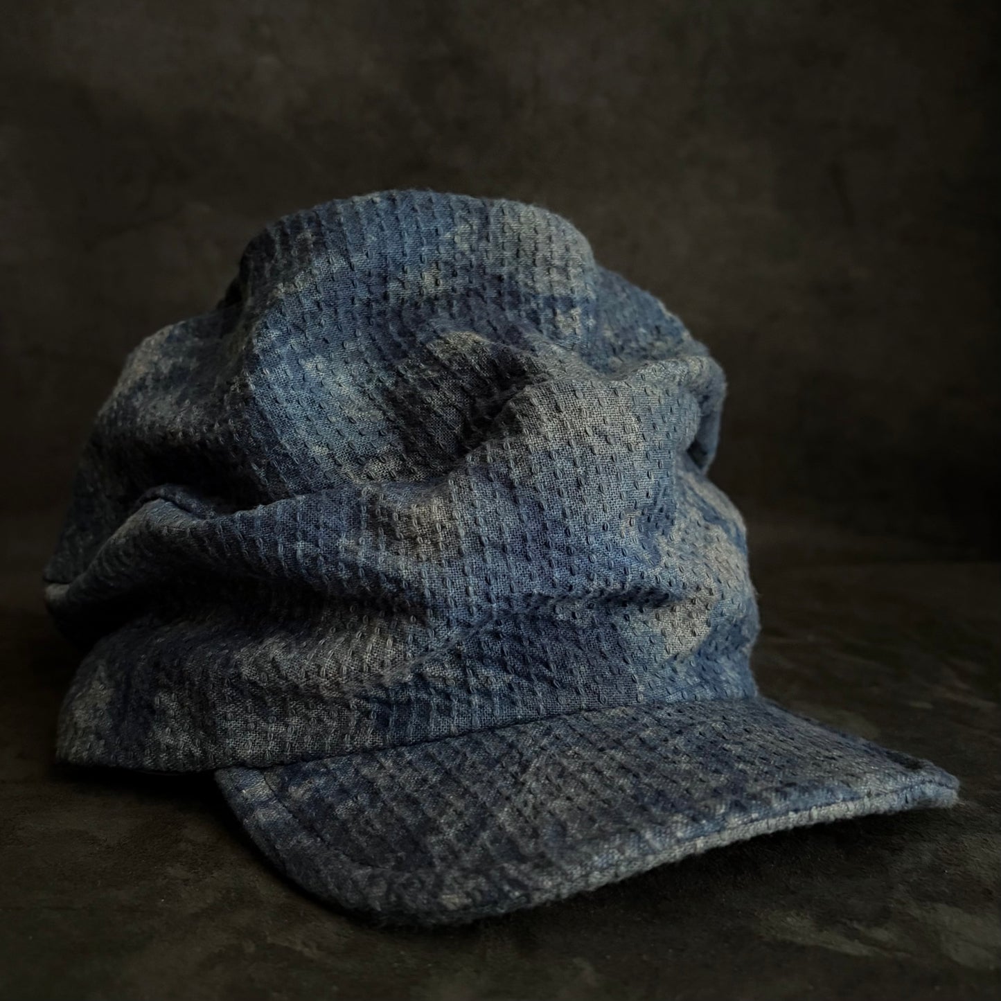 Unevenness dark indigo sashiko turn cap