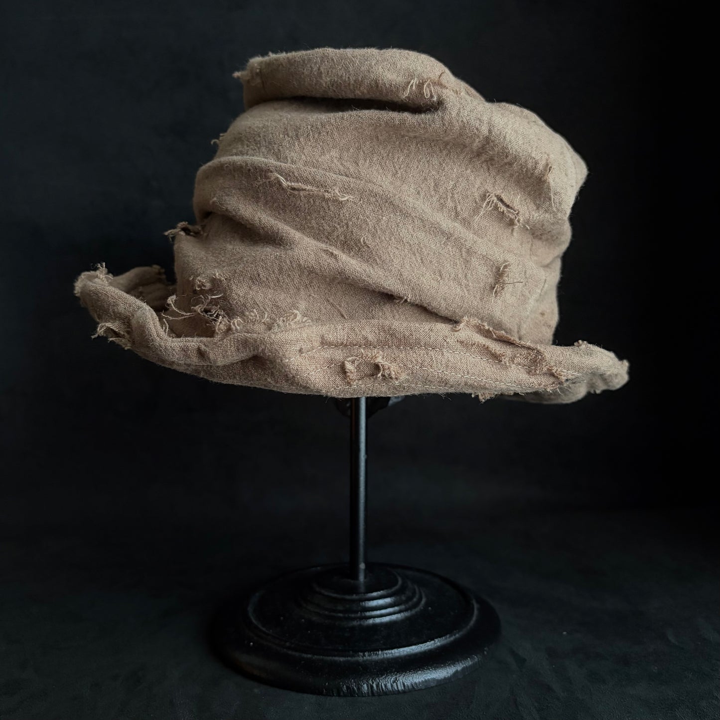 Raw light brown linen damage turn bucket hat