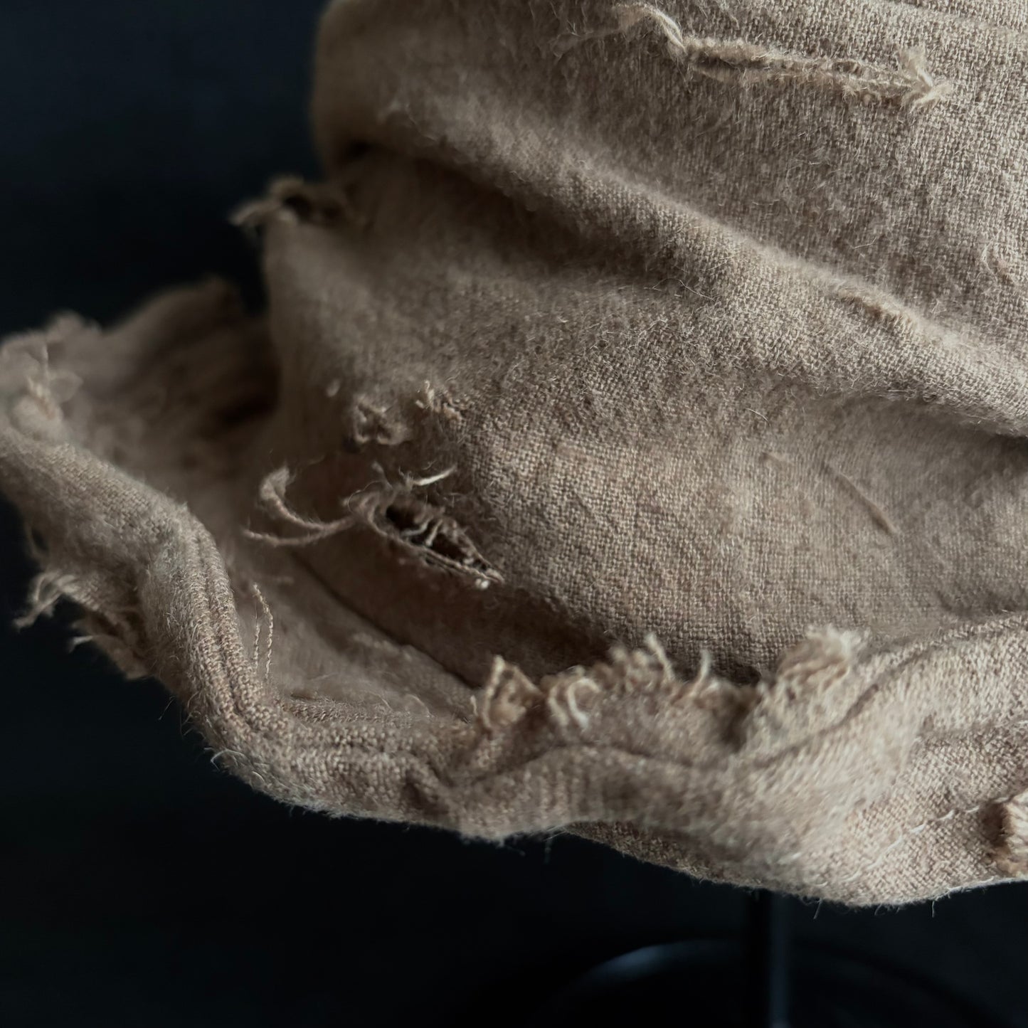 Raw light brown linen damage turn bucket hat