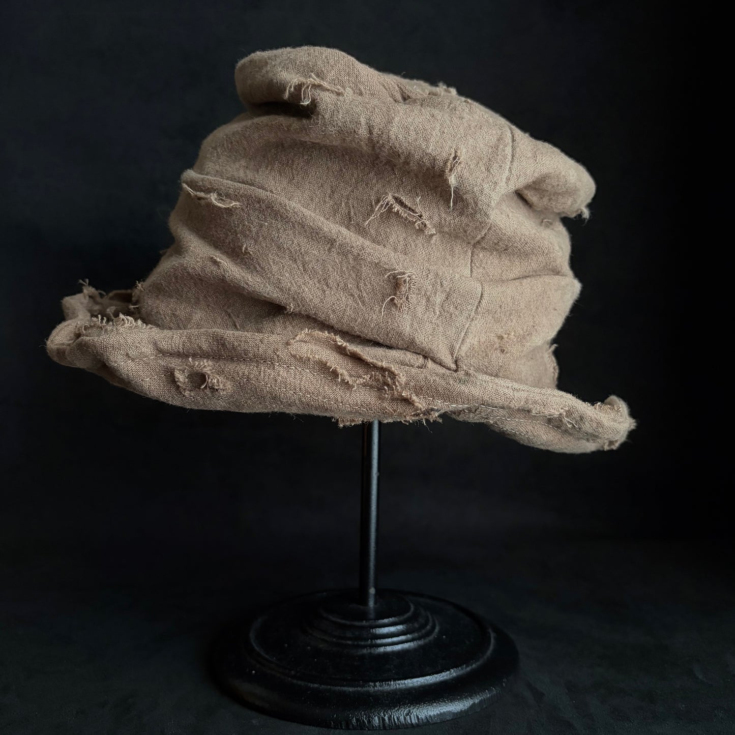 Raw light brown linen damage turn bucket hat
