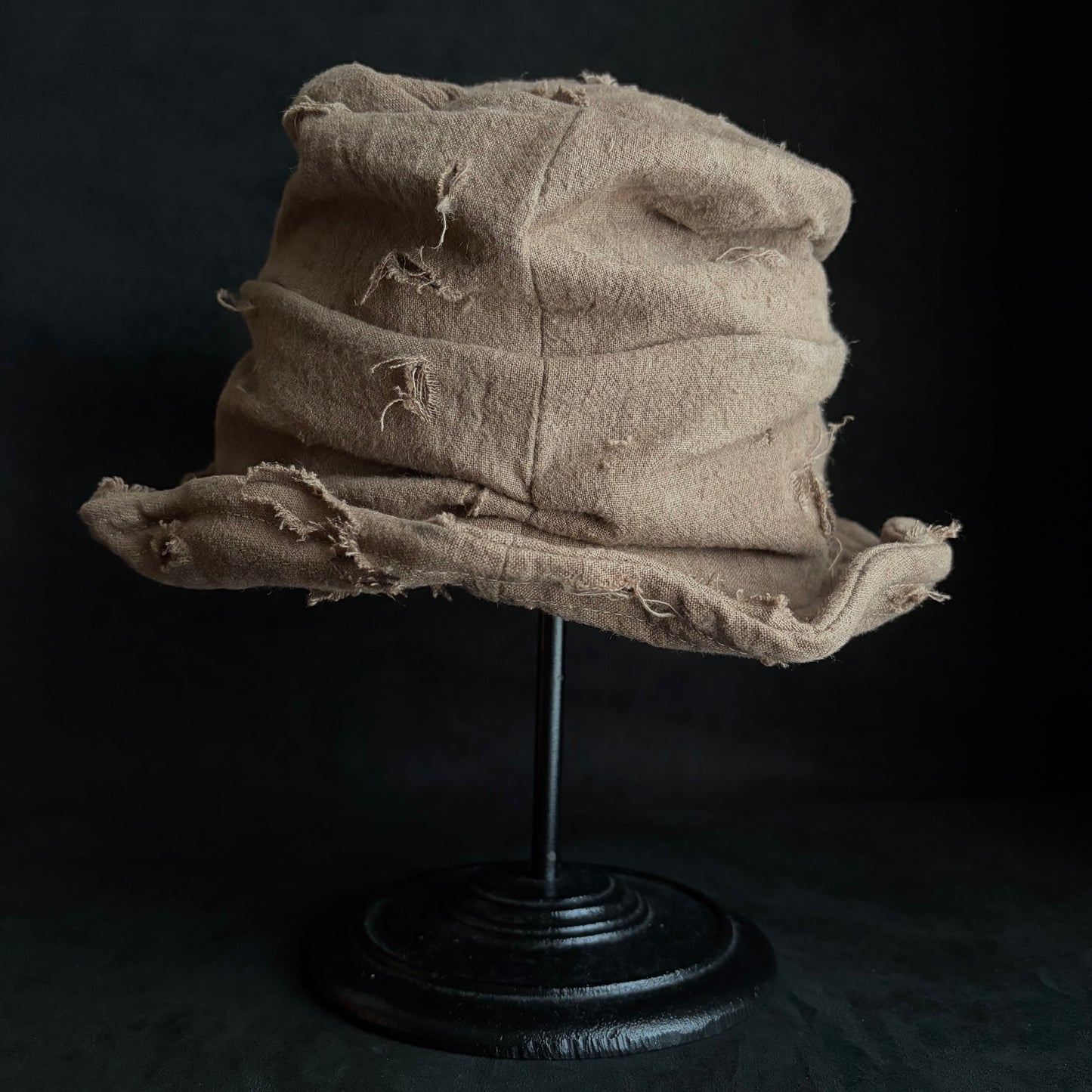 Raw light brown linen damage turn bucket hat