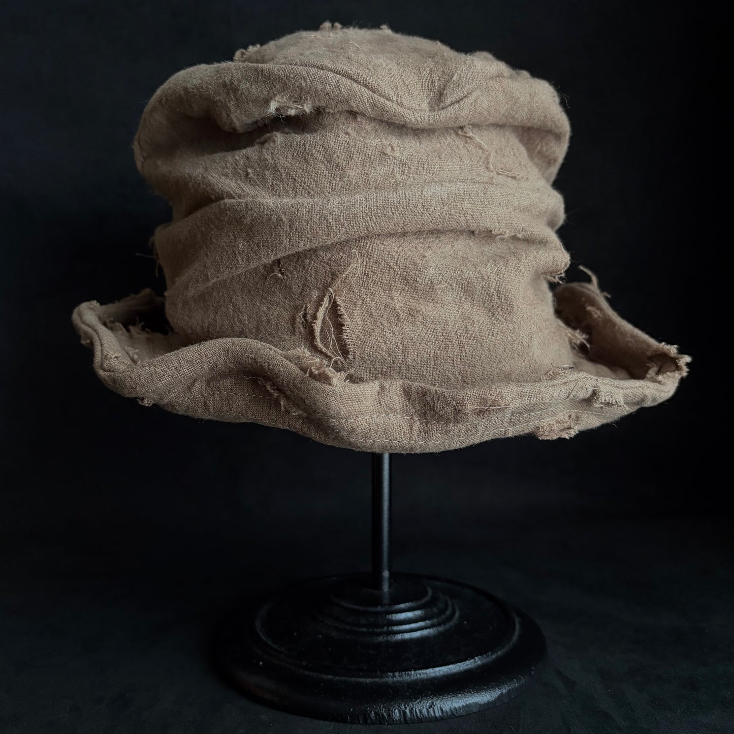 Raw light brown linen damage turn bucket hat