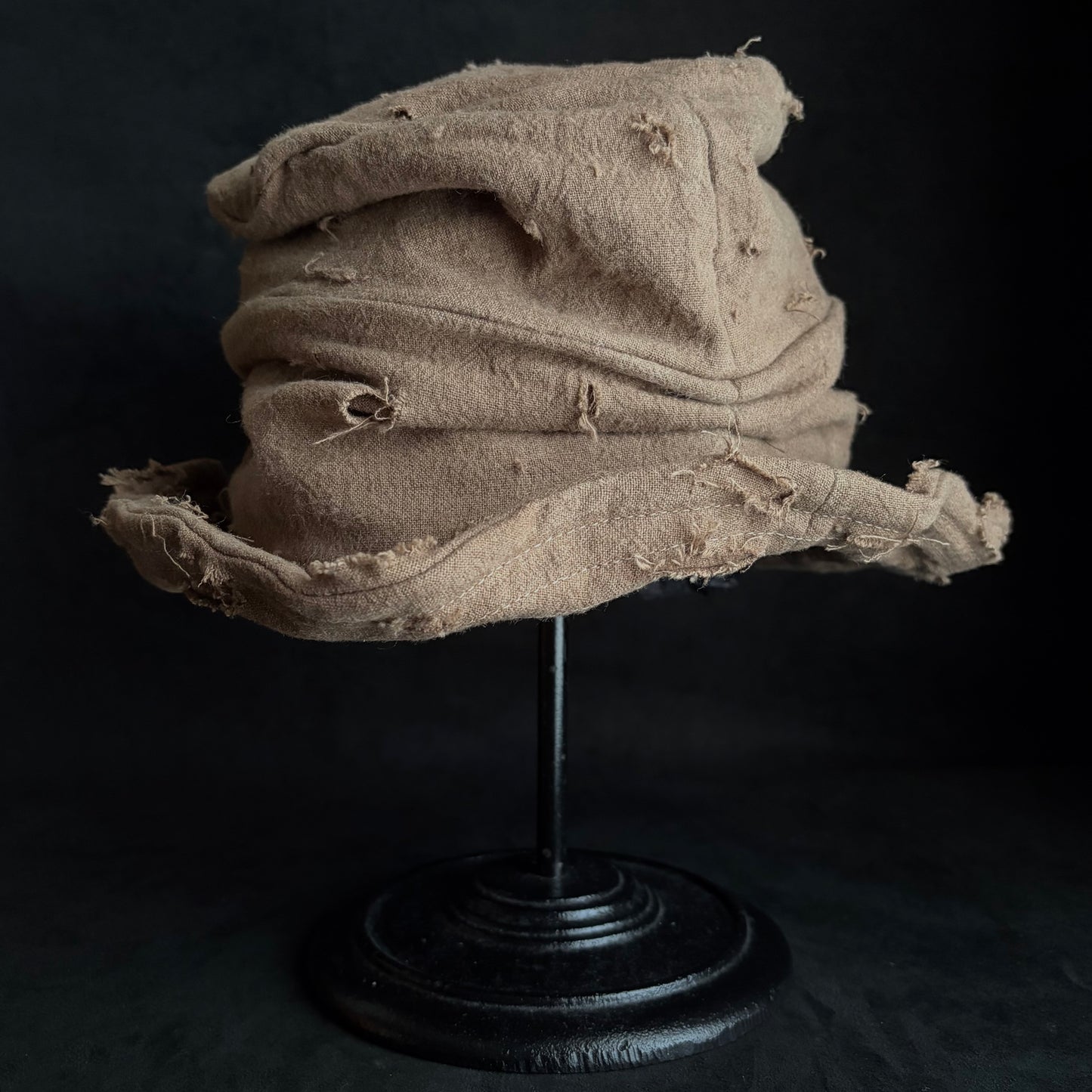 Raw light brown linen damage turn bucket hat