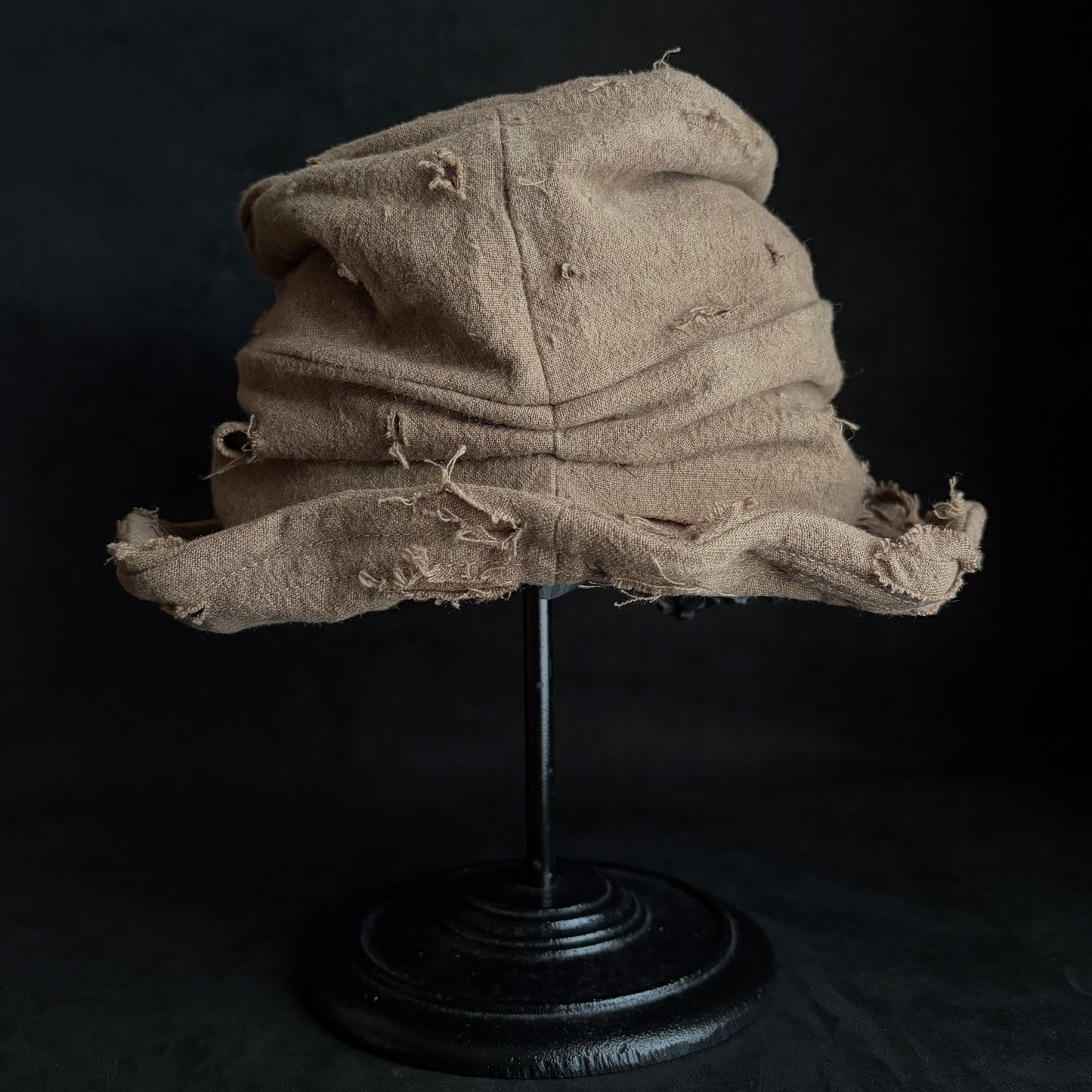 Raw light brown linen damage turn bucket hat
