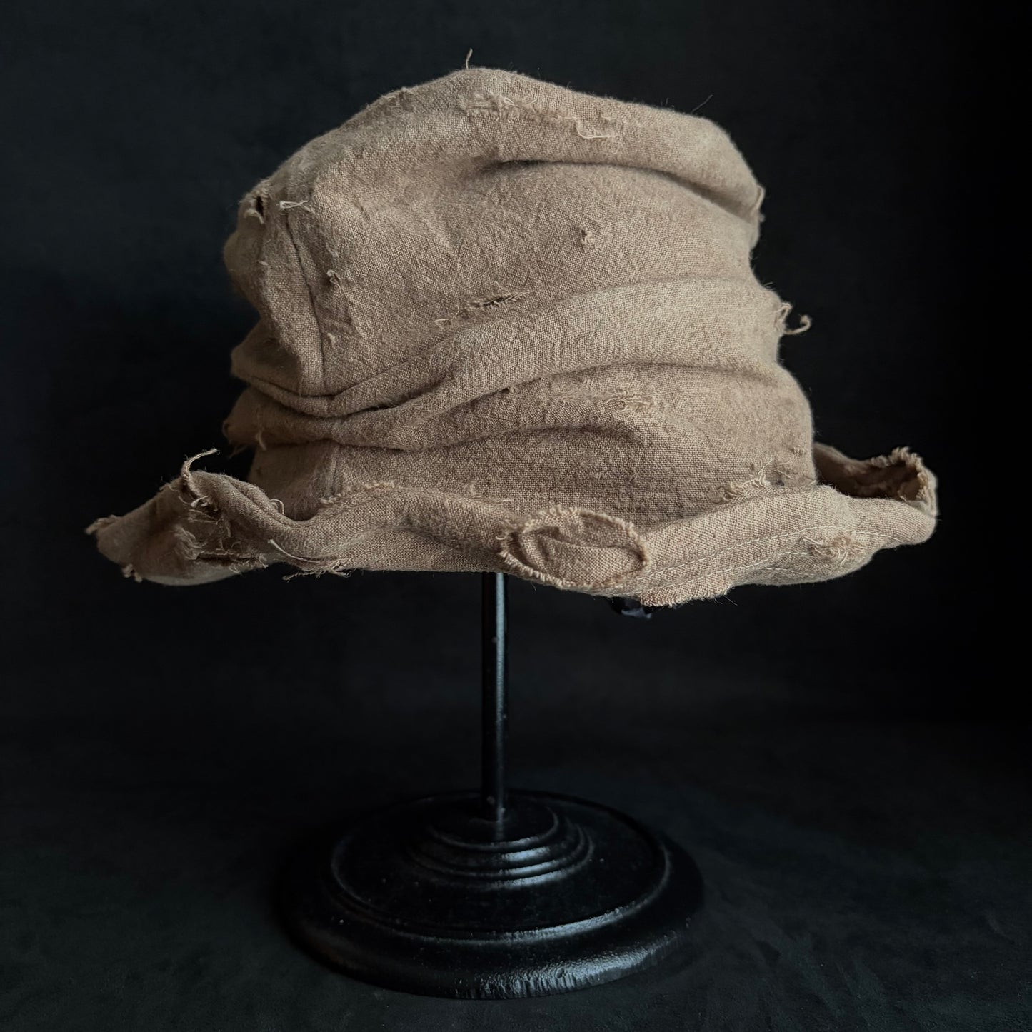Raw light brown linen damage turn bucket hat