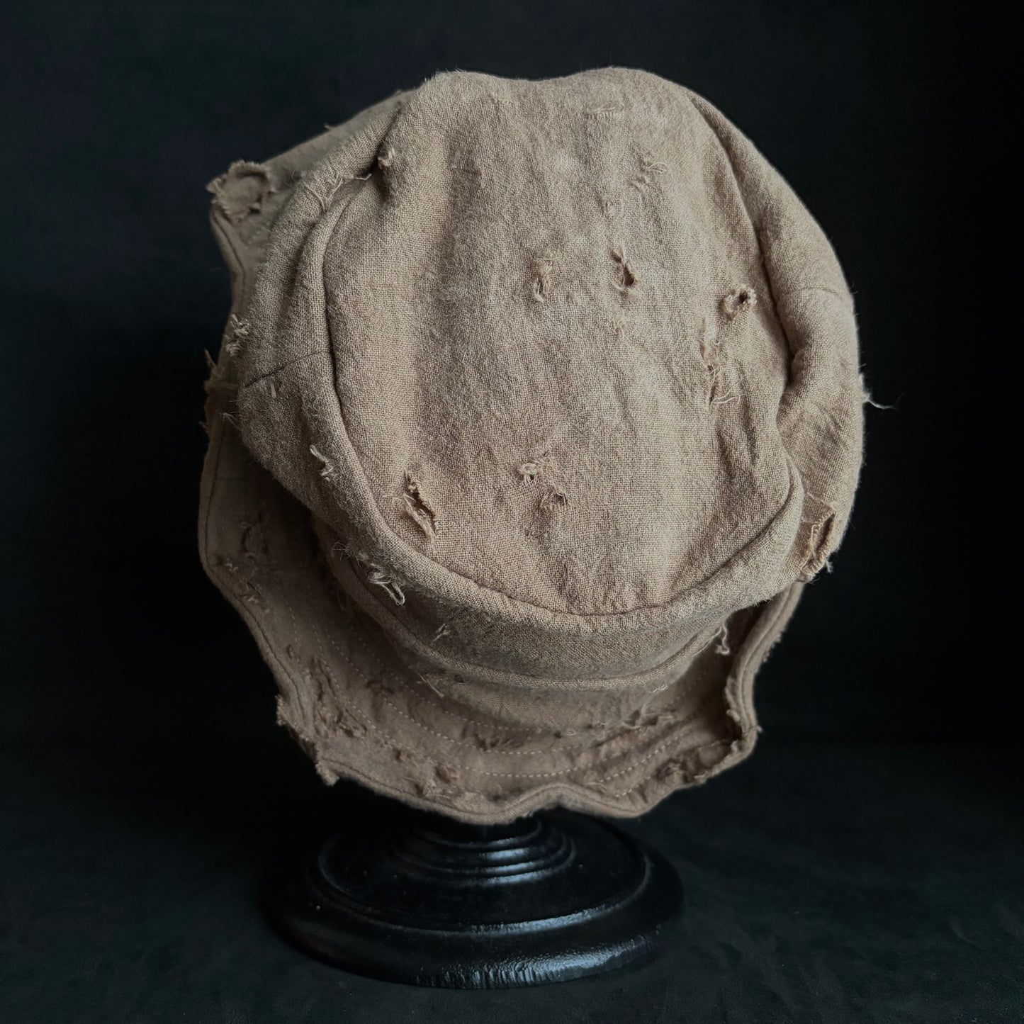 Raw light brown linen damage turn bucket hat