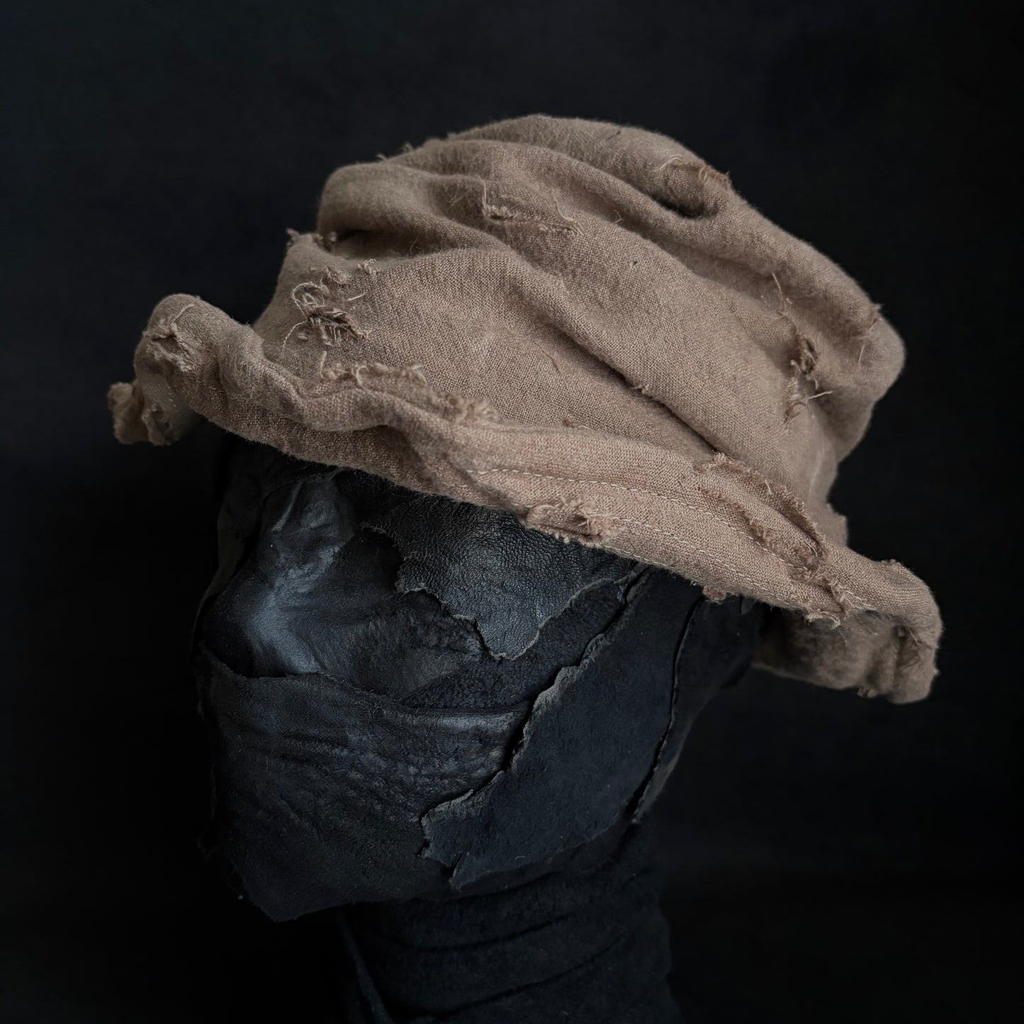 Raw light brown linen damage turn bucket hat