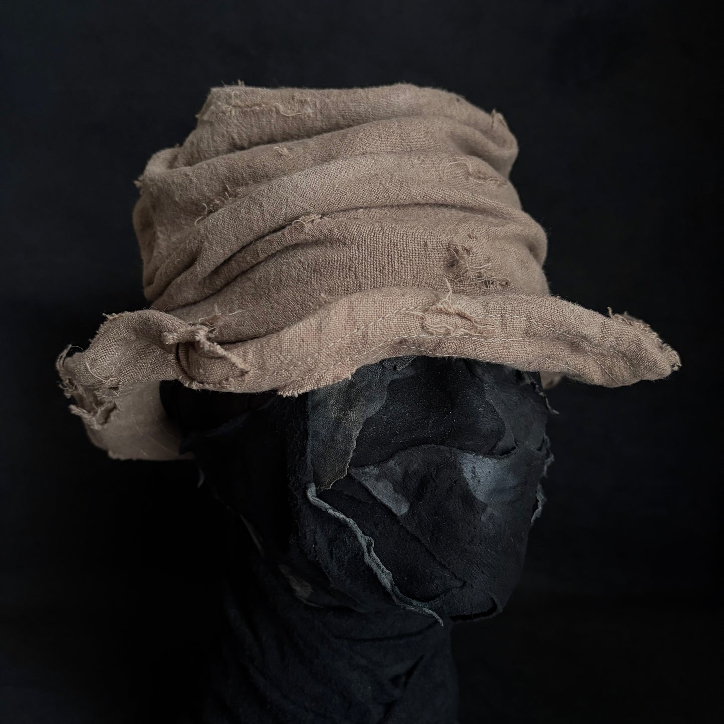 Raw light brown linen damage turn bucket hat