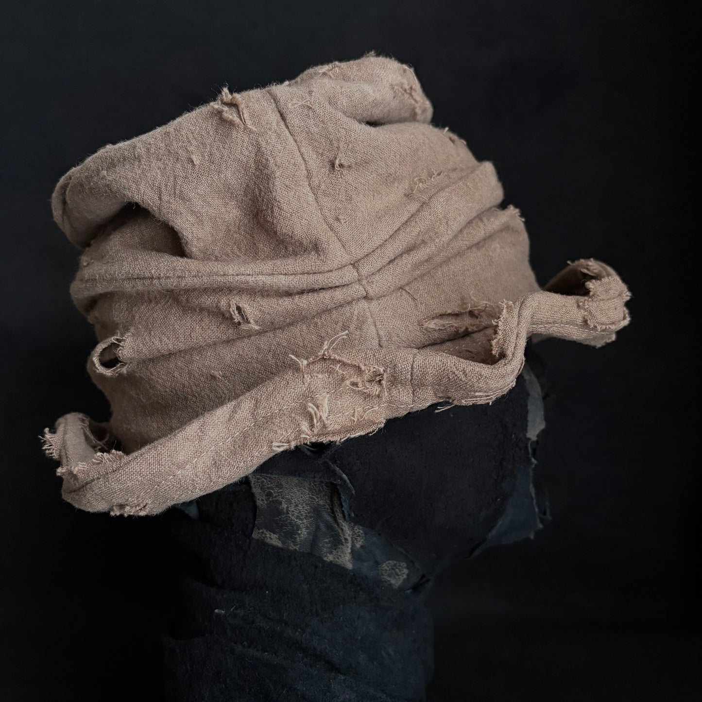 Raw light brown linen damage turn bucket hat