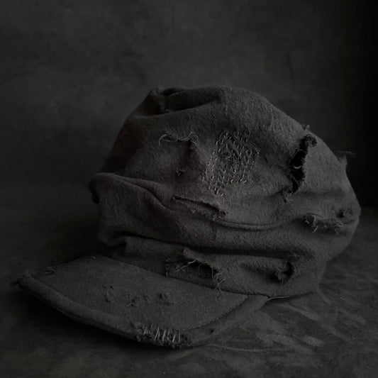 Black cotton linen damage stitch turn cap (brim core)