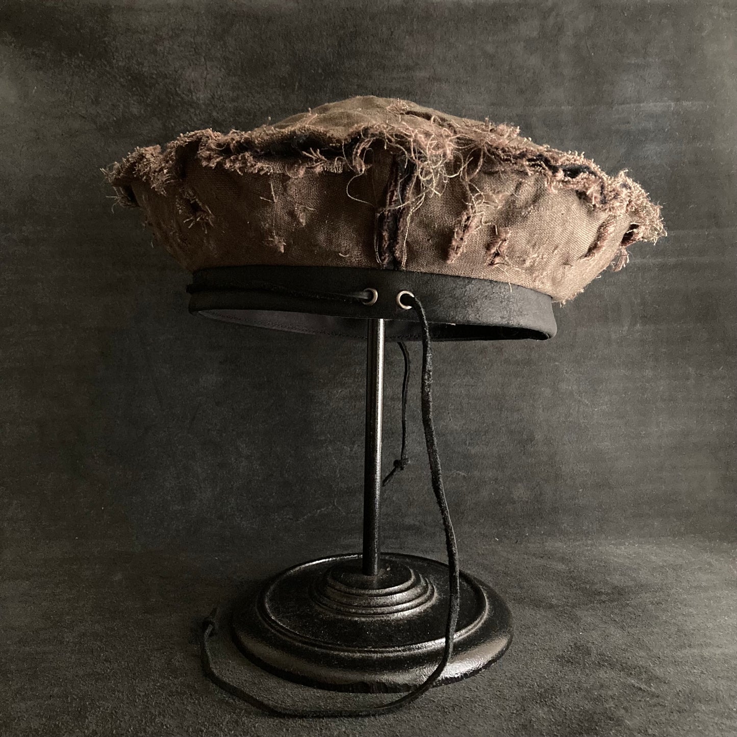 Back side brown khaki linen leather strap beret