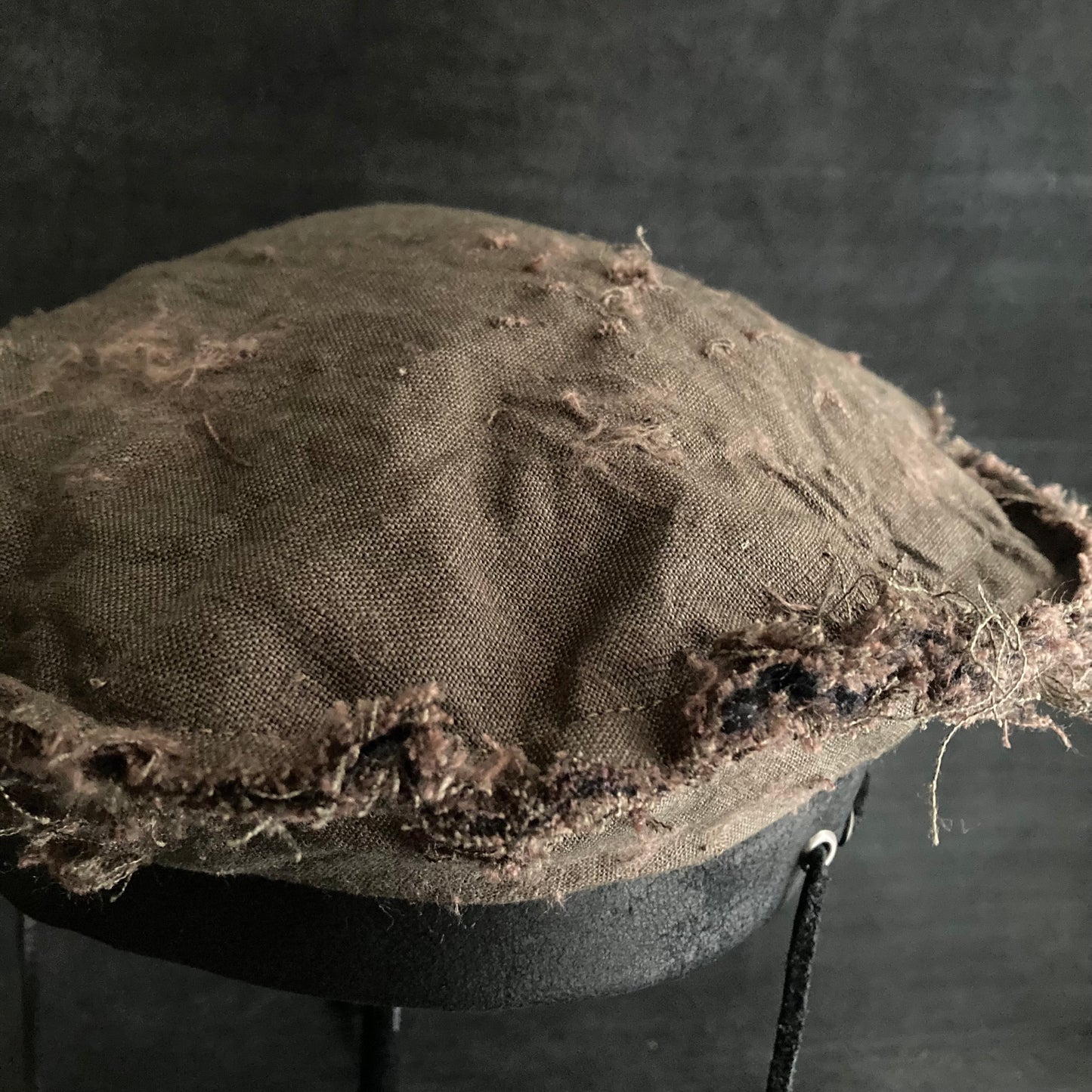 Back side brown khaki linen leather strap beret