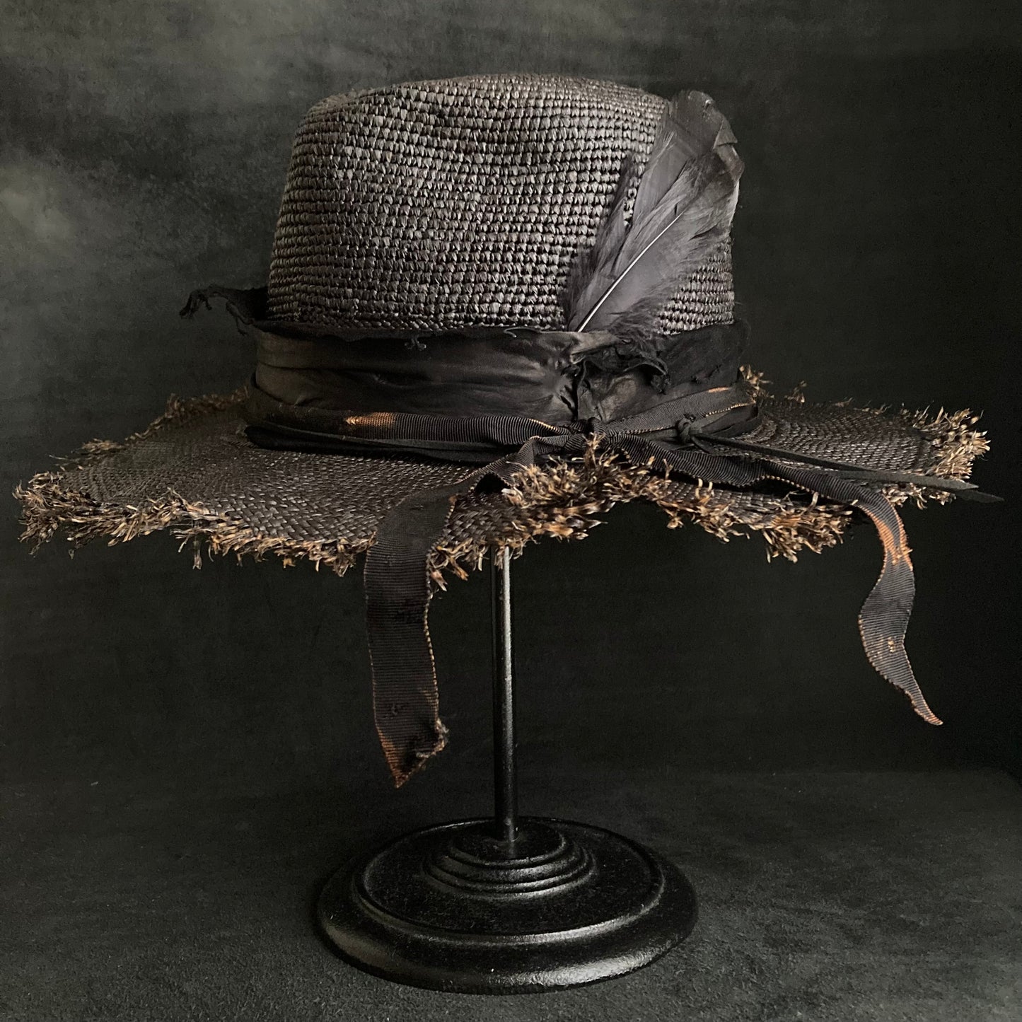 Jet black feather fedora panama