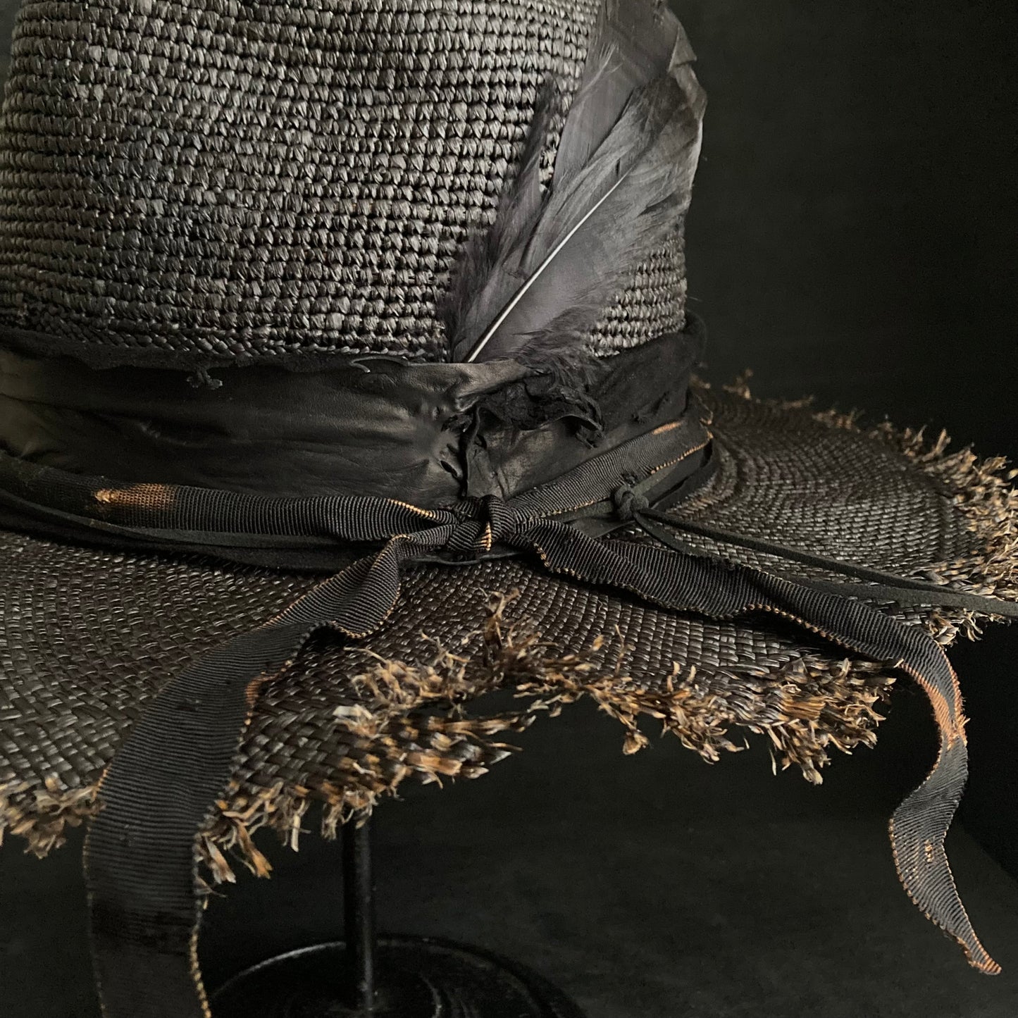 Jet black feather fedora panama