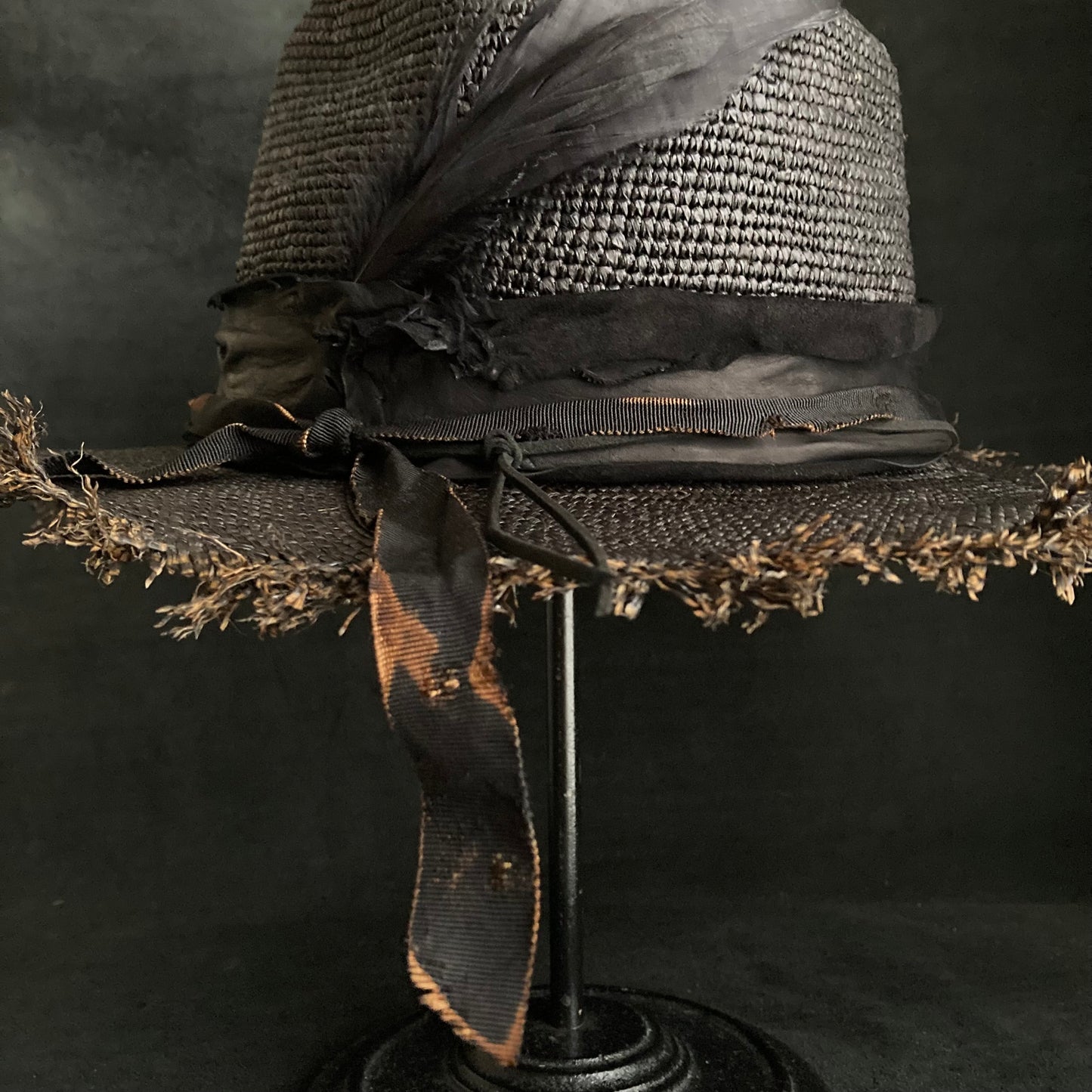 Jet black feather fedora panama