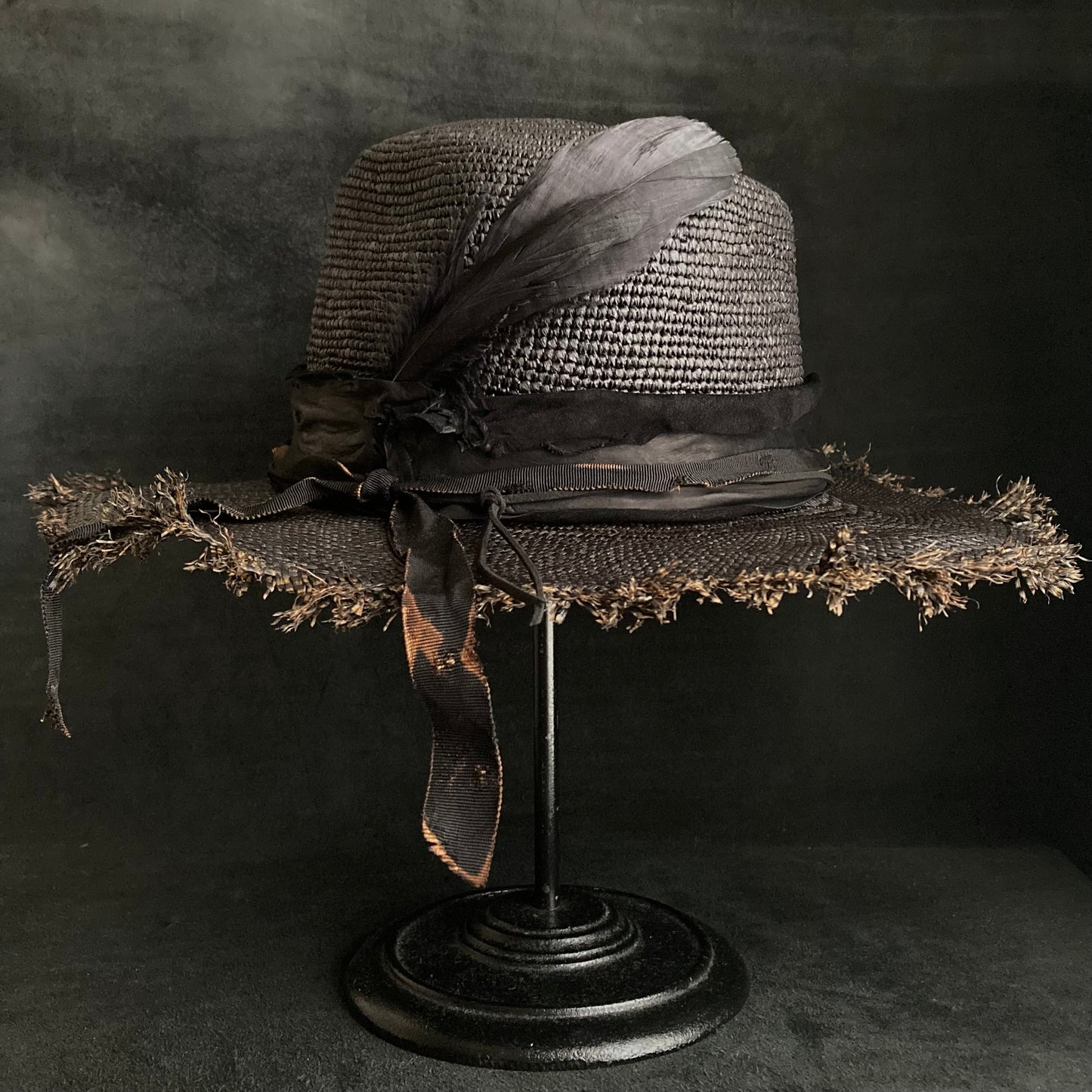 Jet black feather fedora panama