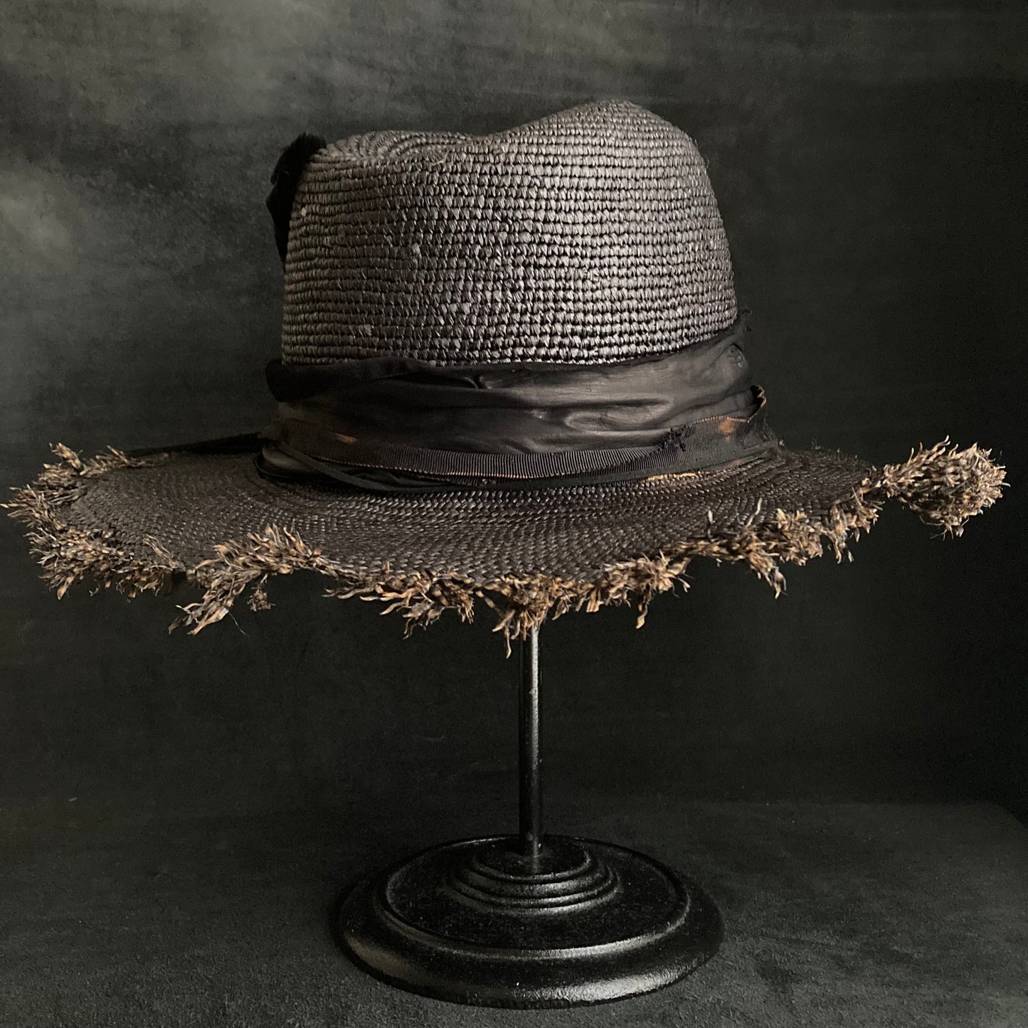 Jet black feather fedora panama