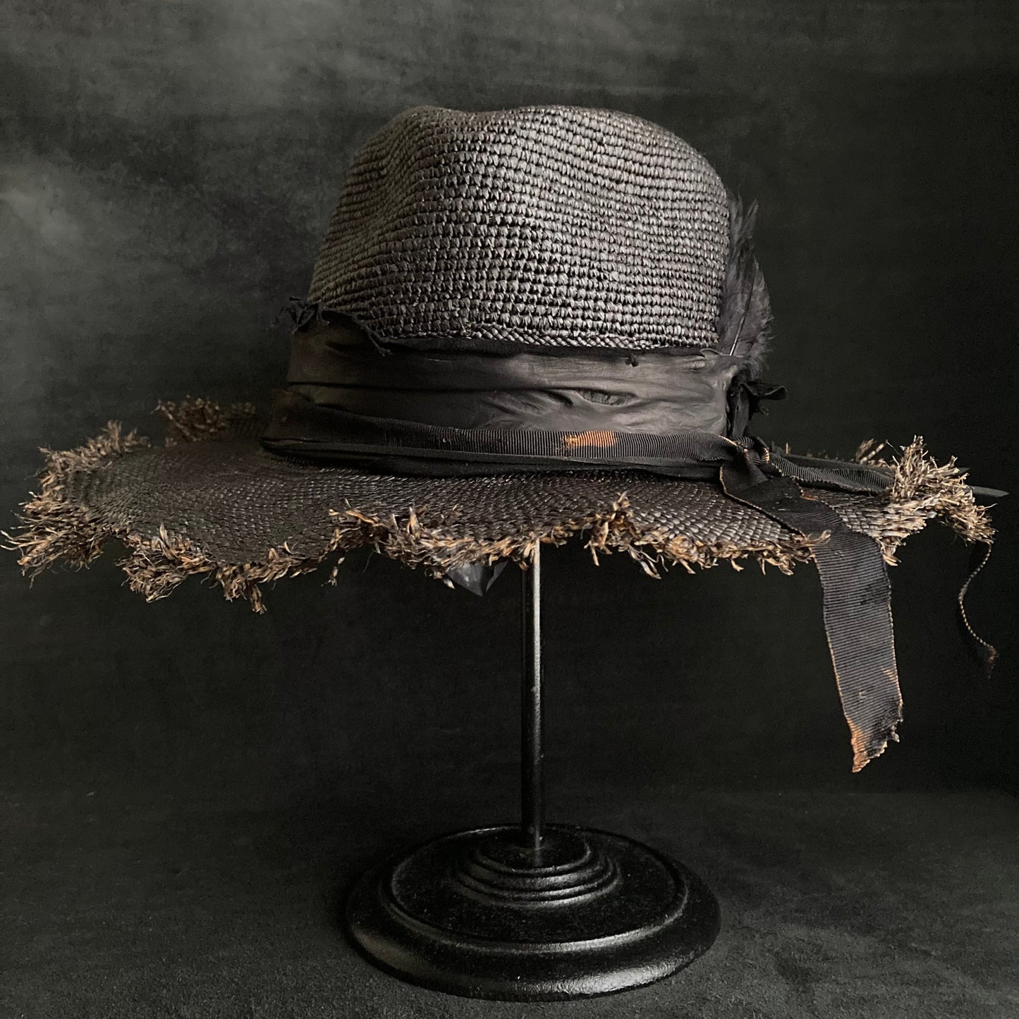 Jet black feather fedora panama