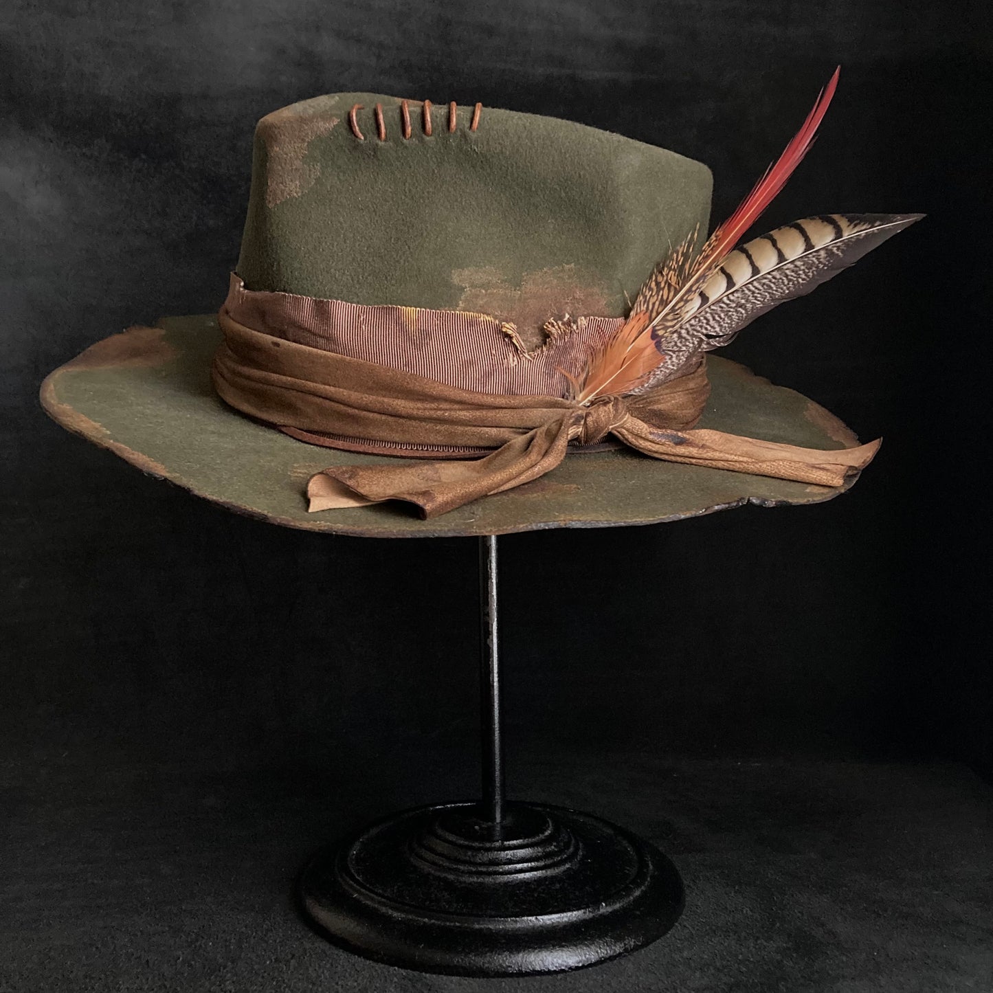 Feather dark olive burned fedora hat