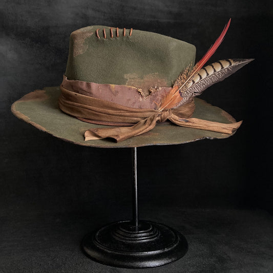 Feather dark olive burned fedora hat