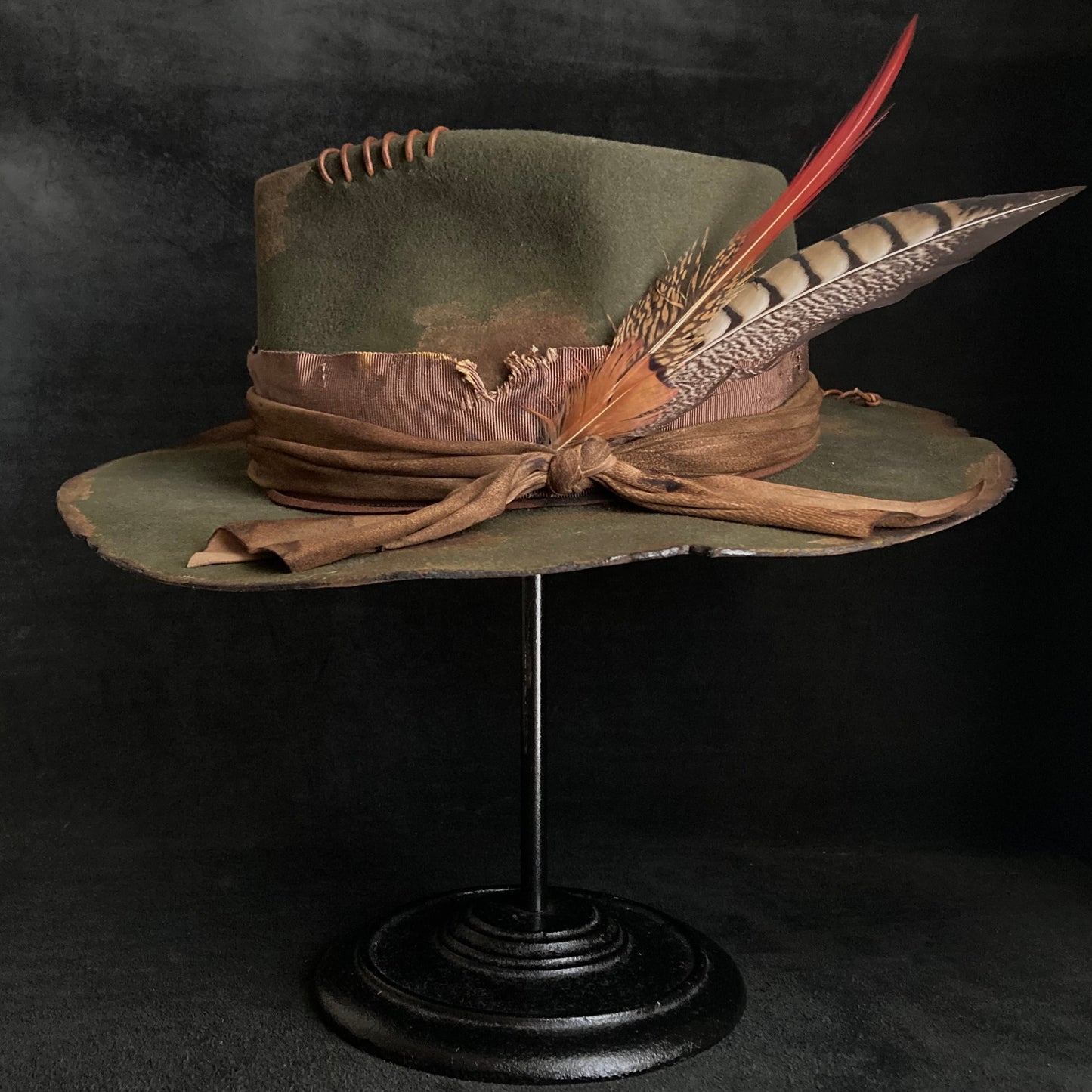 Feather dark olive burned fedora hat