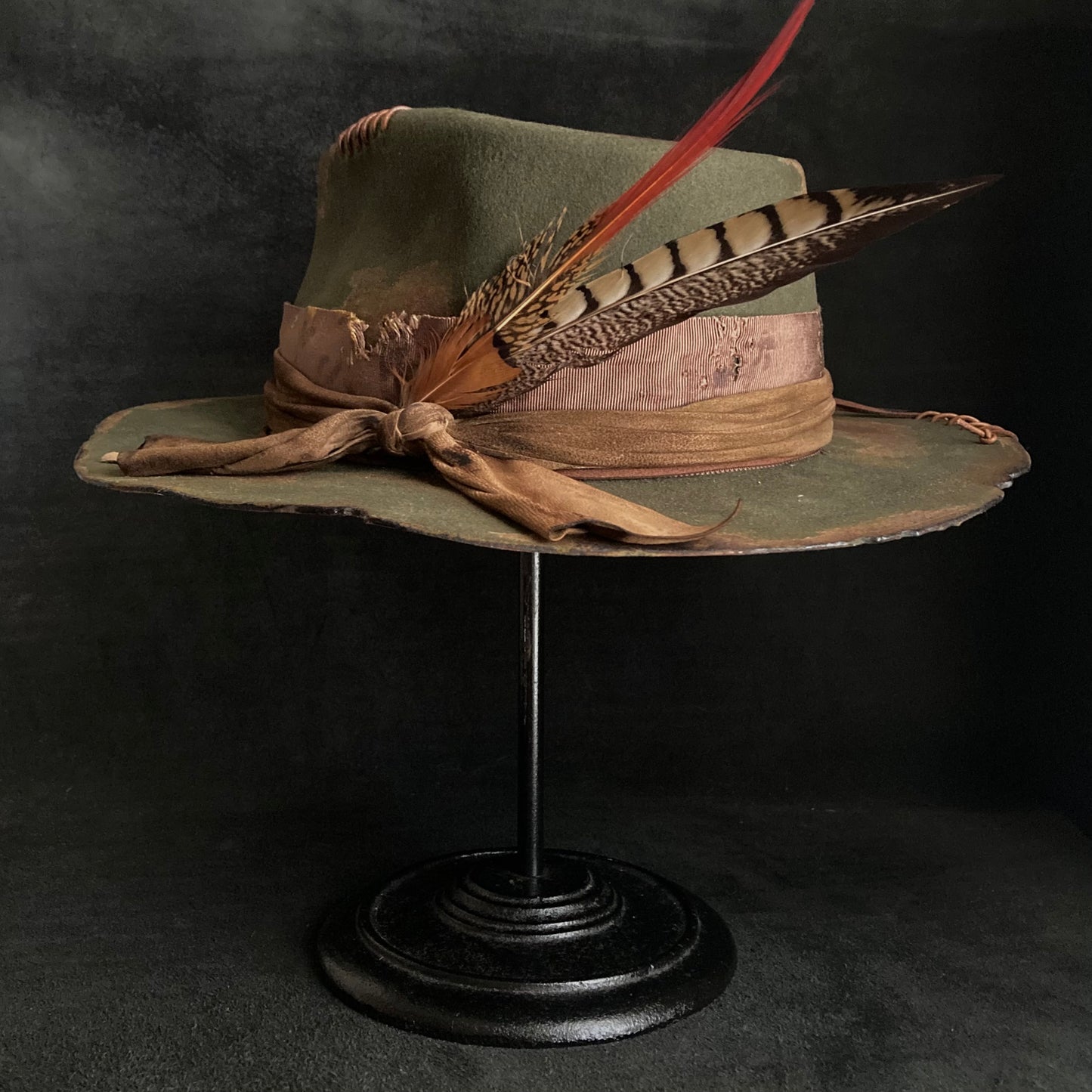 Feather dark olive burned fedora hat