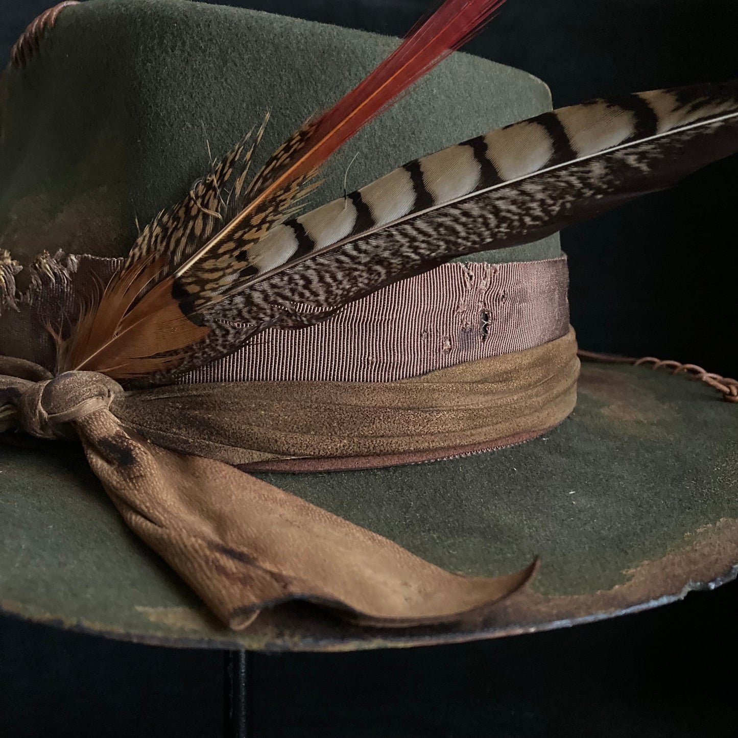 Feather dark olive burned fedora hat