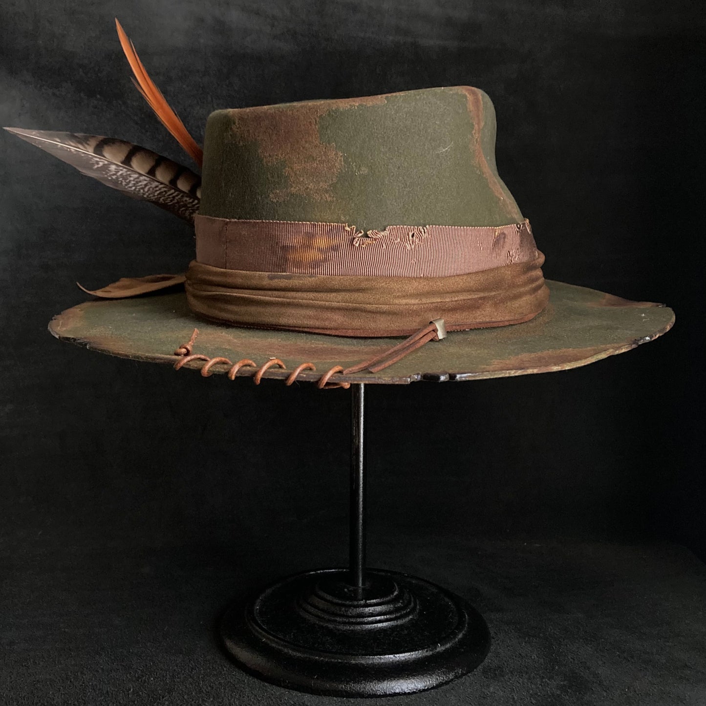Feather dark olive burned fedora hat