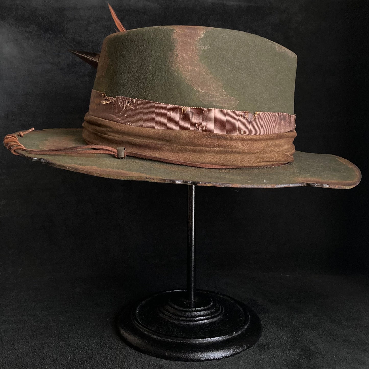 Feather dark olive burned fedora hat