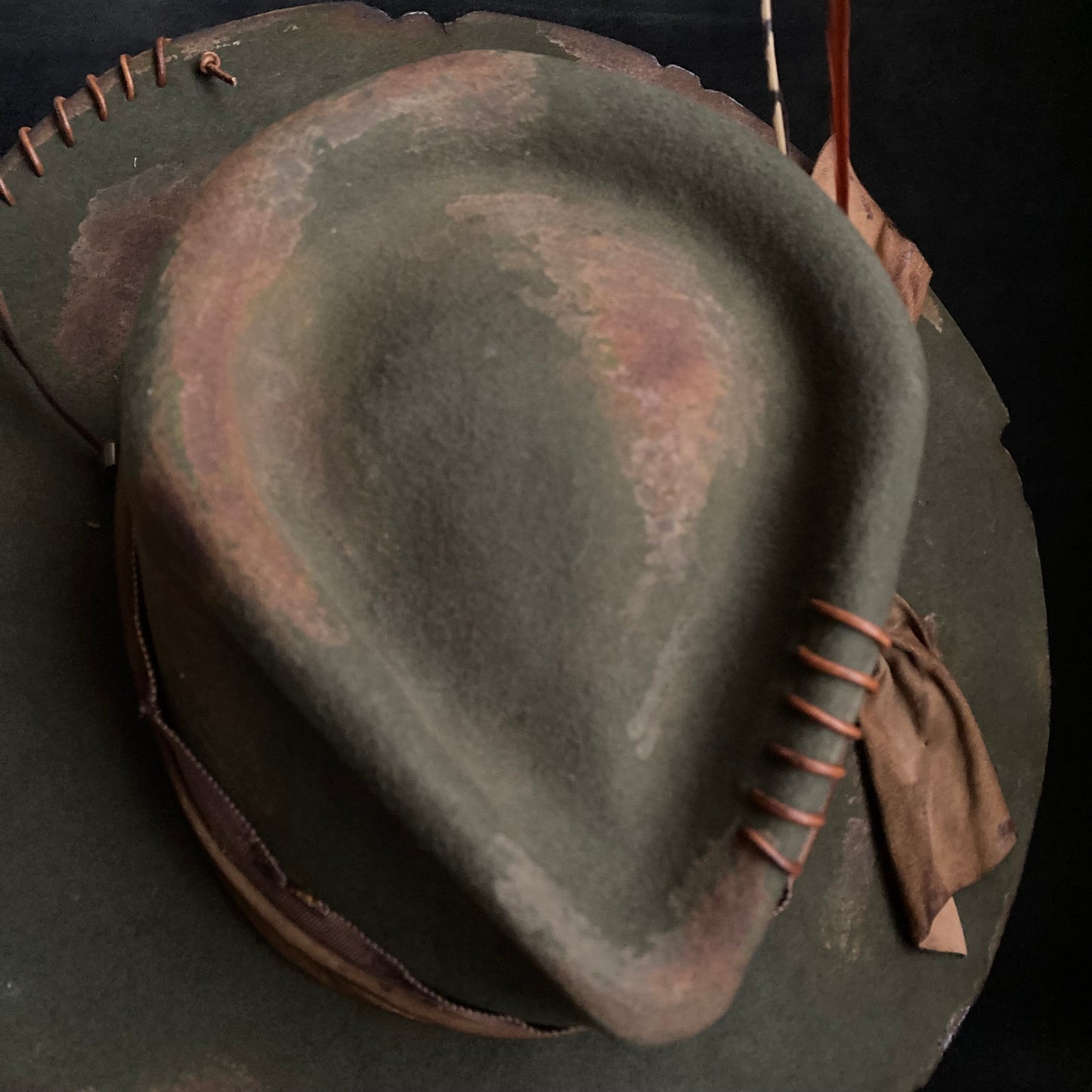 Feather dark olive burned fedora hat