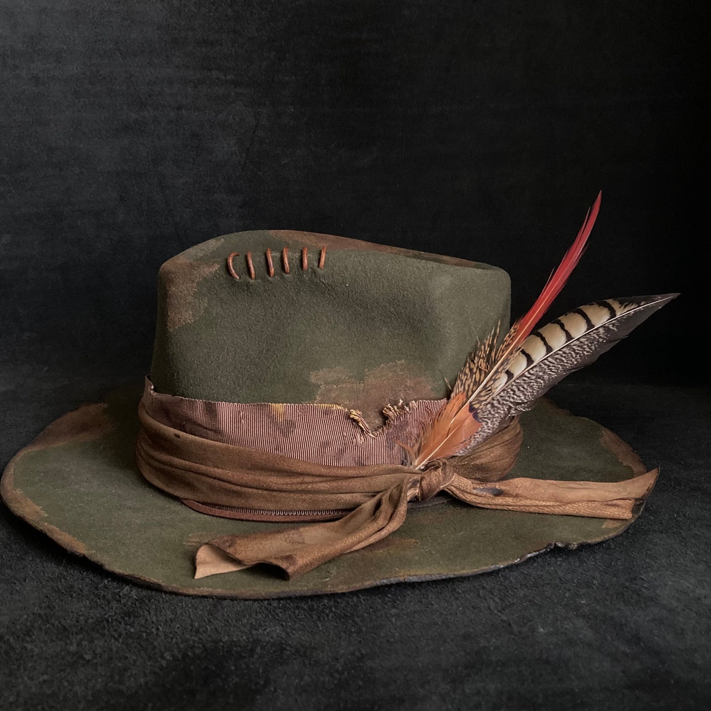 Feather dark olive burned fedora hat