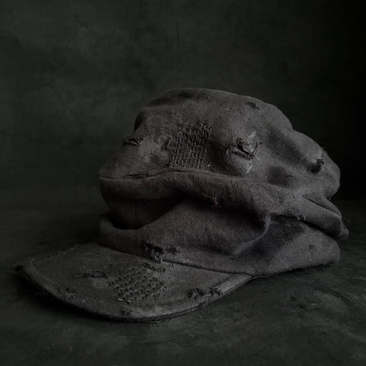 Black linen damage stitch turn cap (brim core)
