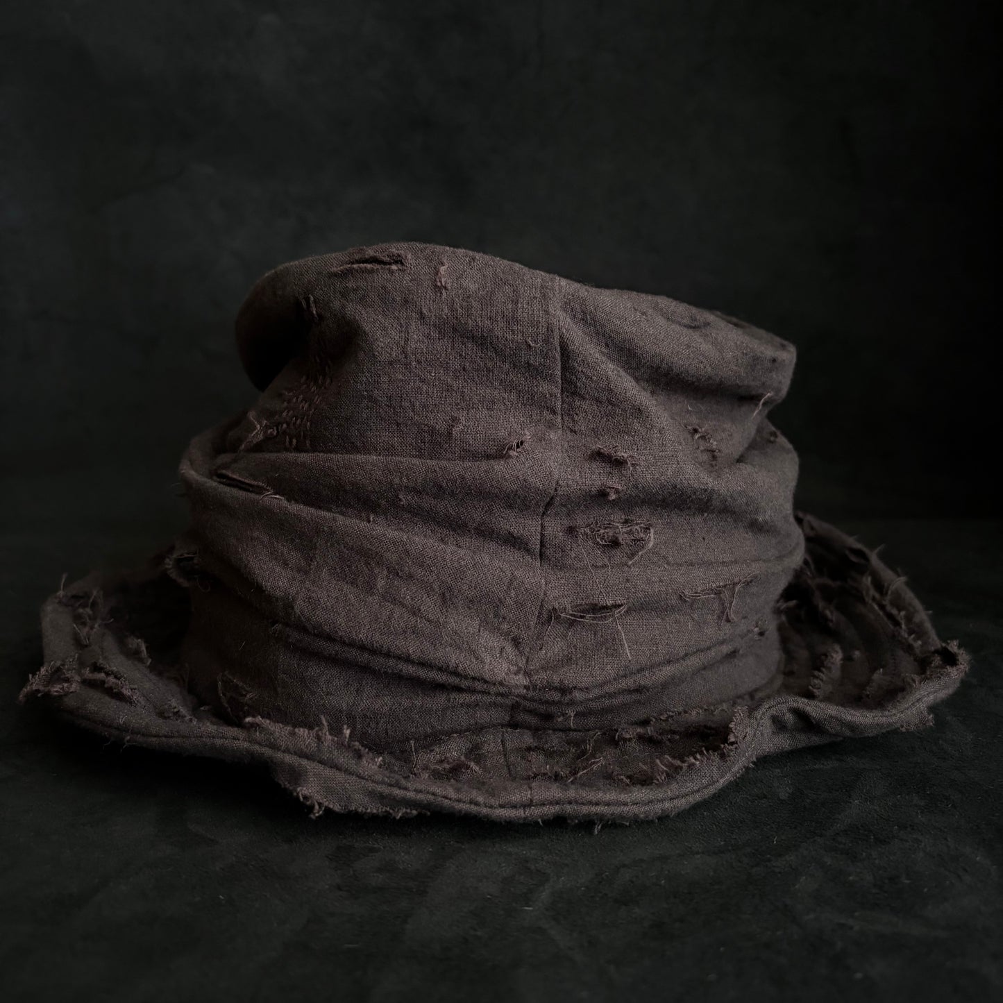 Brown thin cotton linen damage turn bucket hat