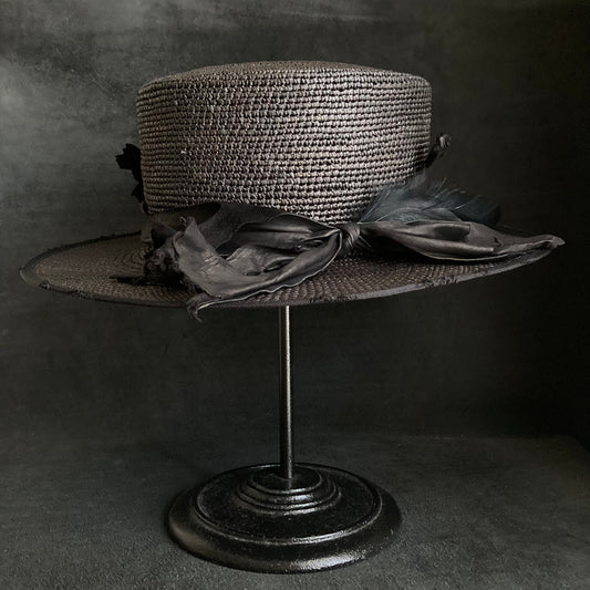 Crow leather flat panama hat