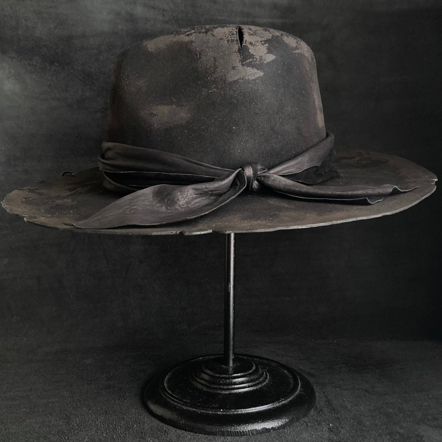 Burned black rabbit fedora hat with cross