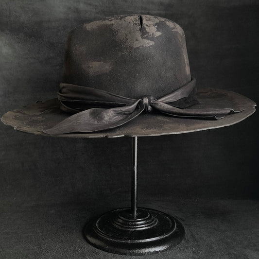 Burned black rabbit fedora hat with cross