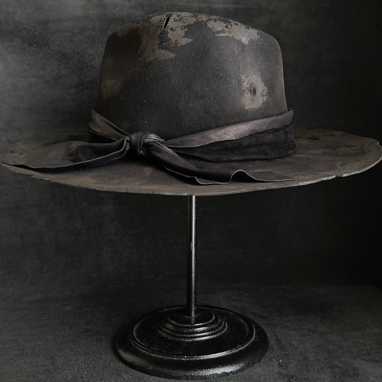 Burned black rabbit fedora hat with cross