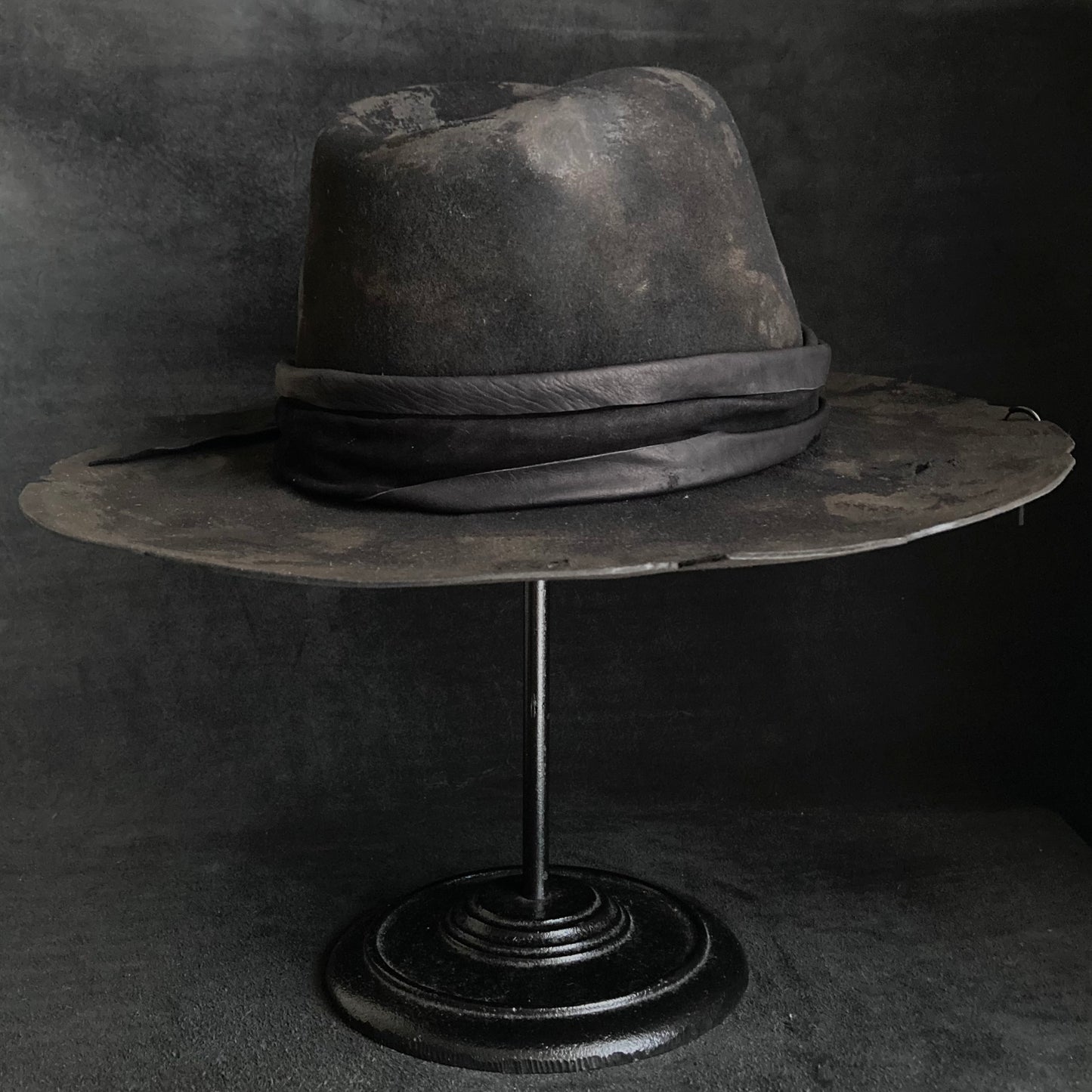 Burned black rabbit fedora hat with cross
