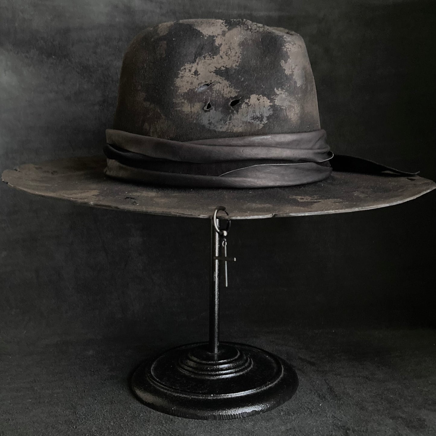 Burned black rabbit fedora hat with cross