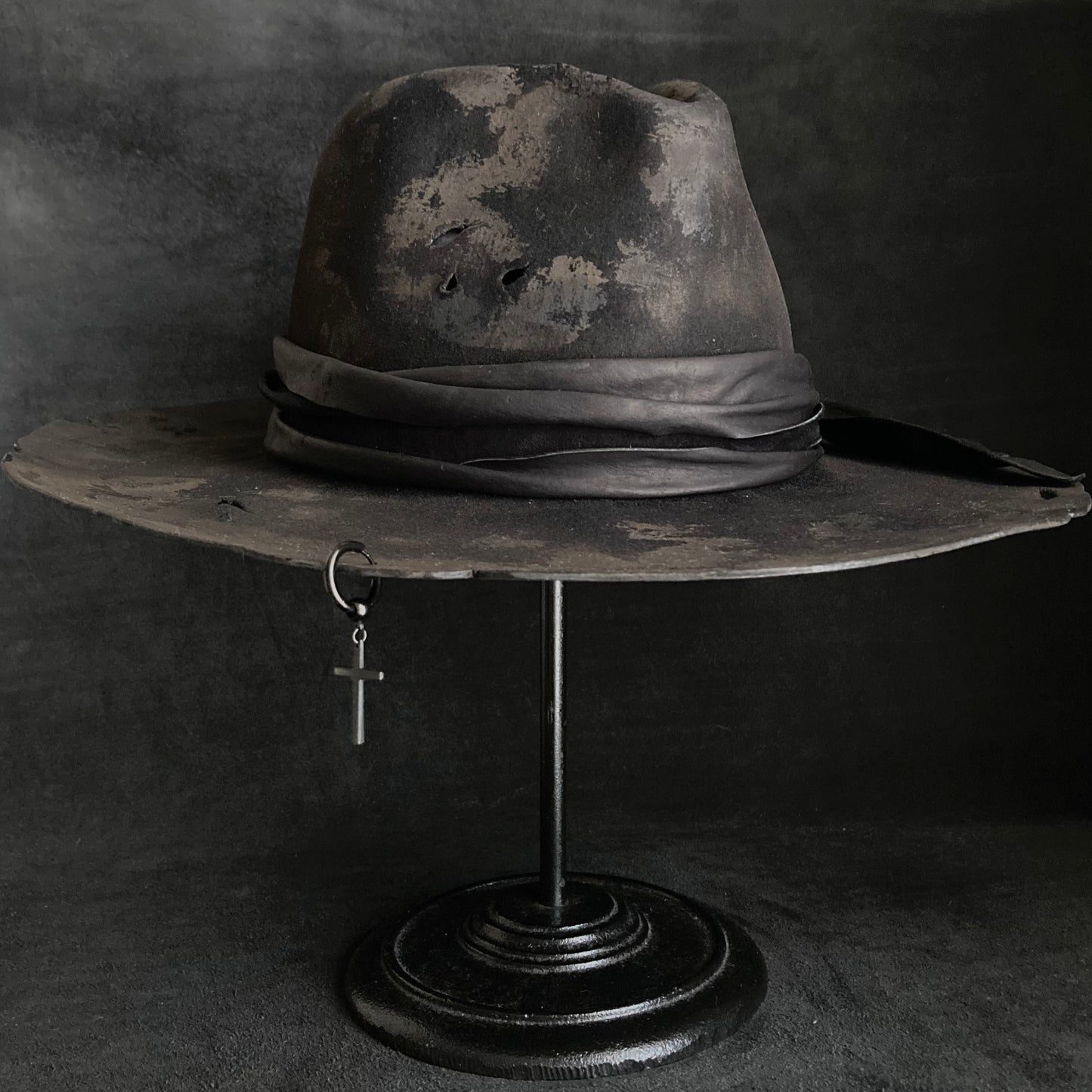 Burned black rabbit fedora hat with cross