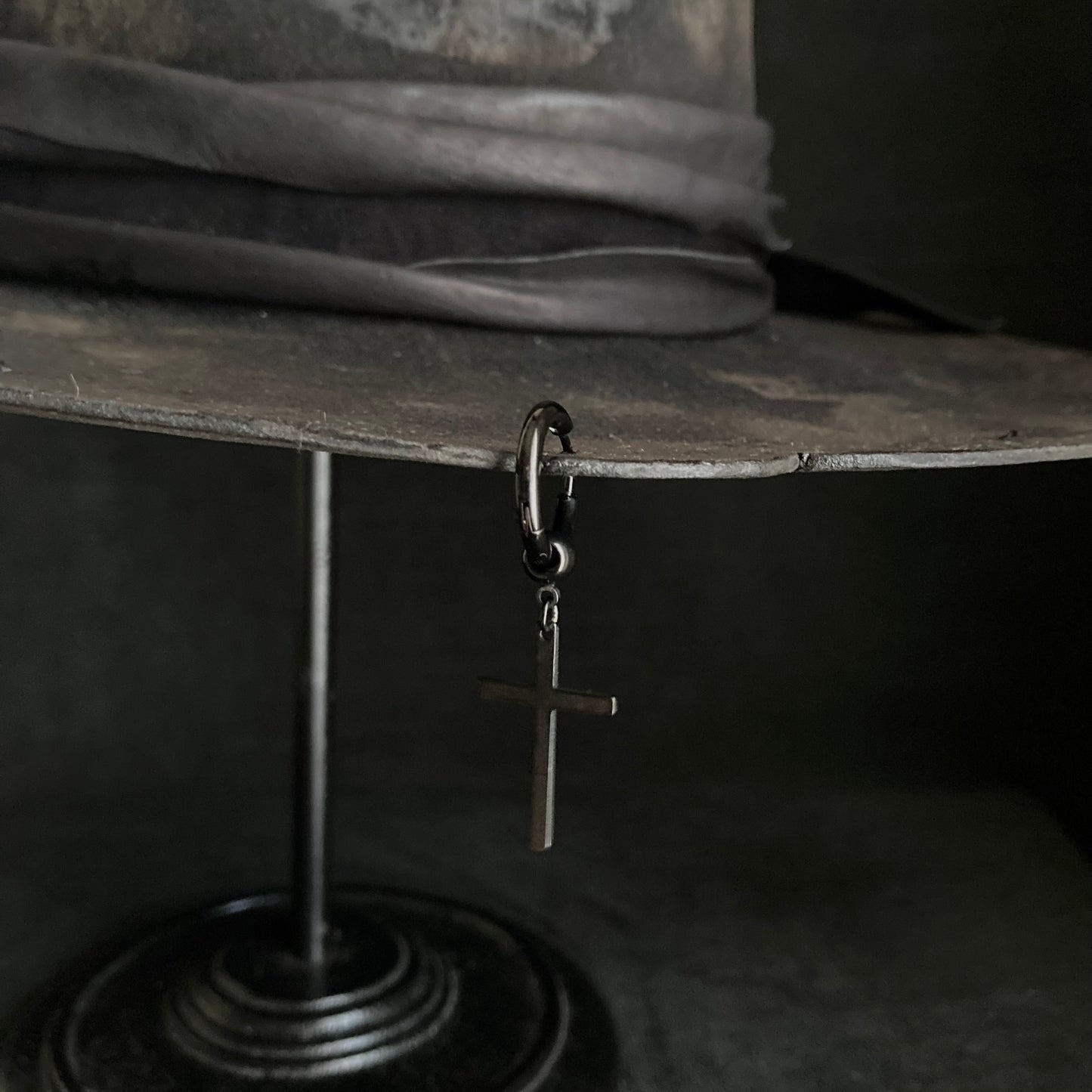 Burned black rabbit fedora hat with cross