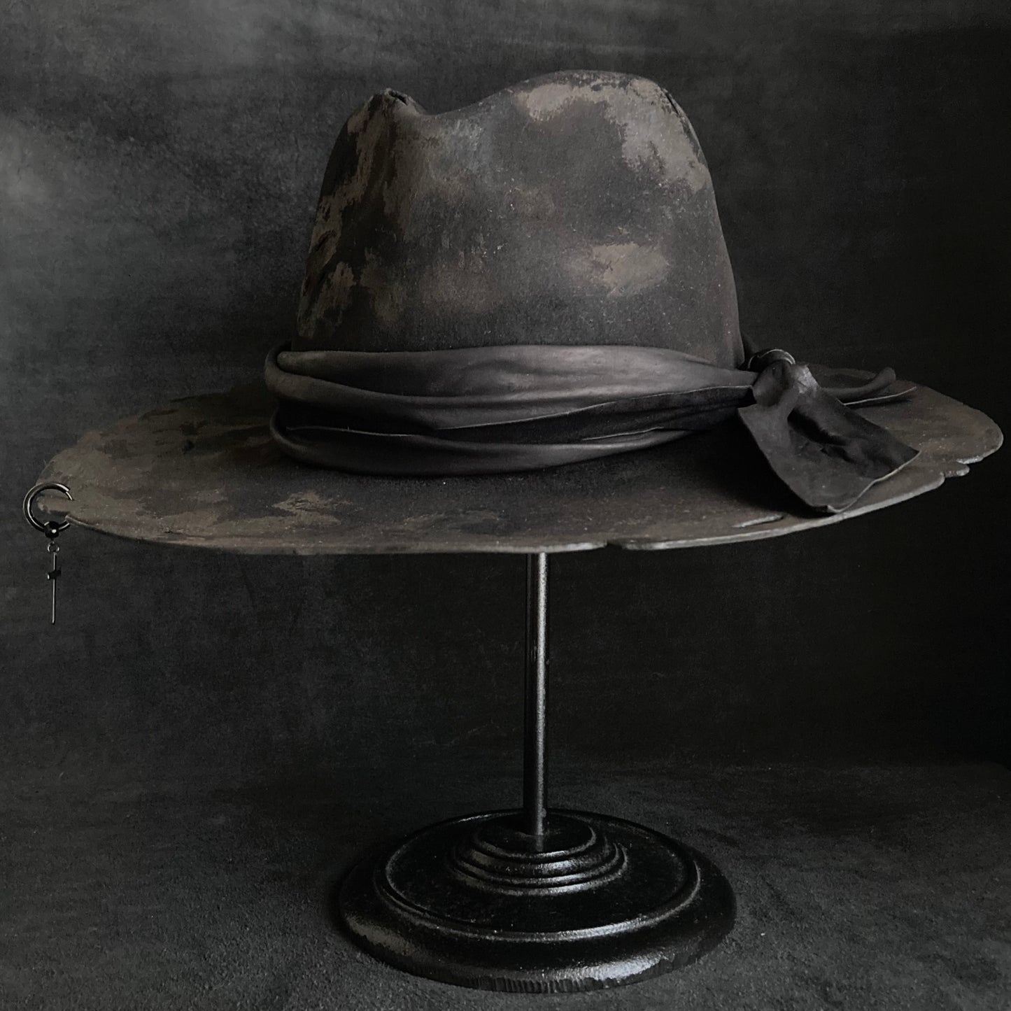 Burned black rabbit fedora hat with cross