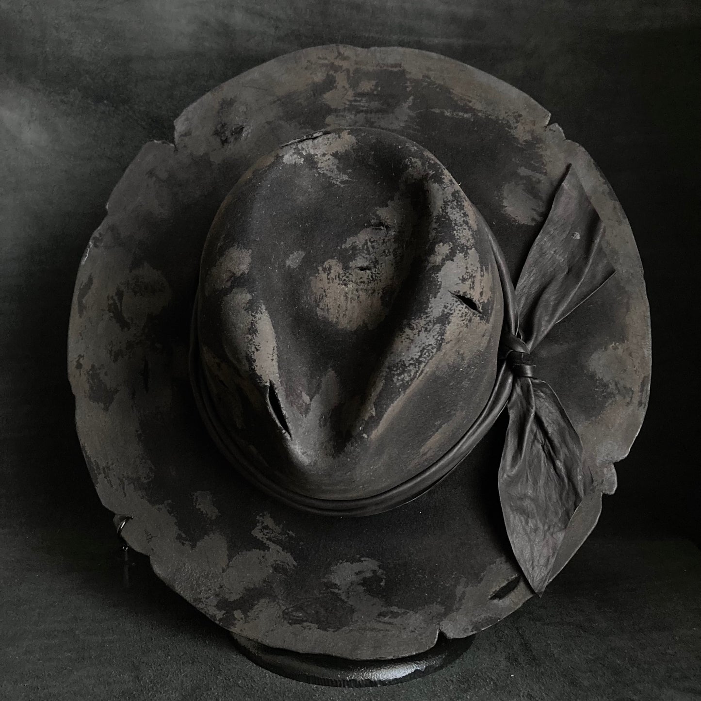 Burned black rabbit fedora hat with cross
